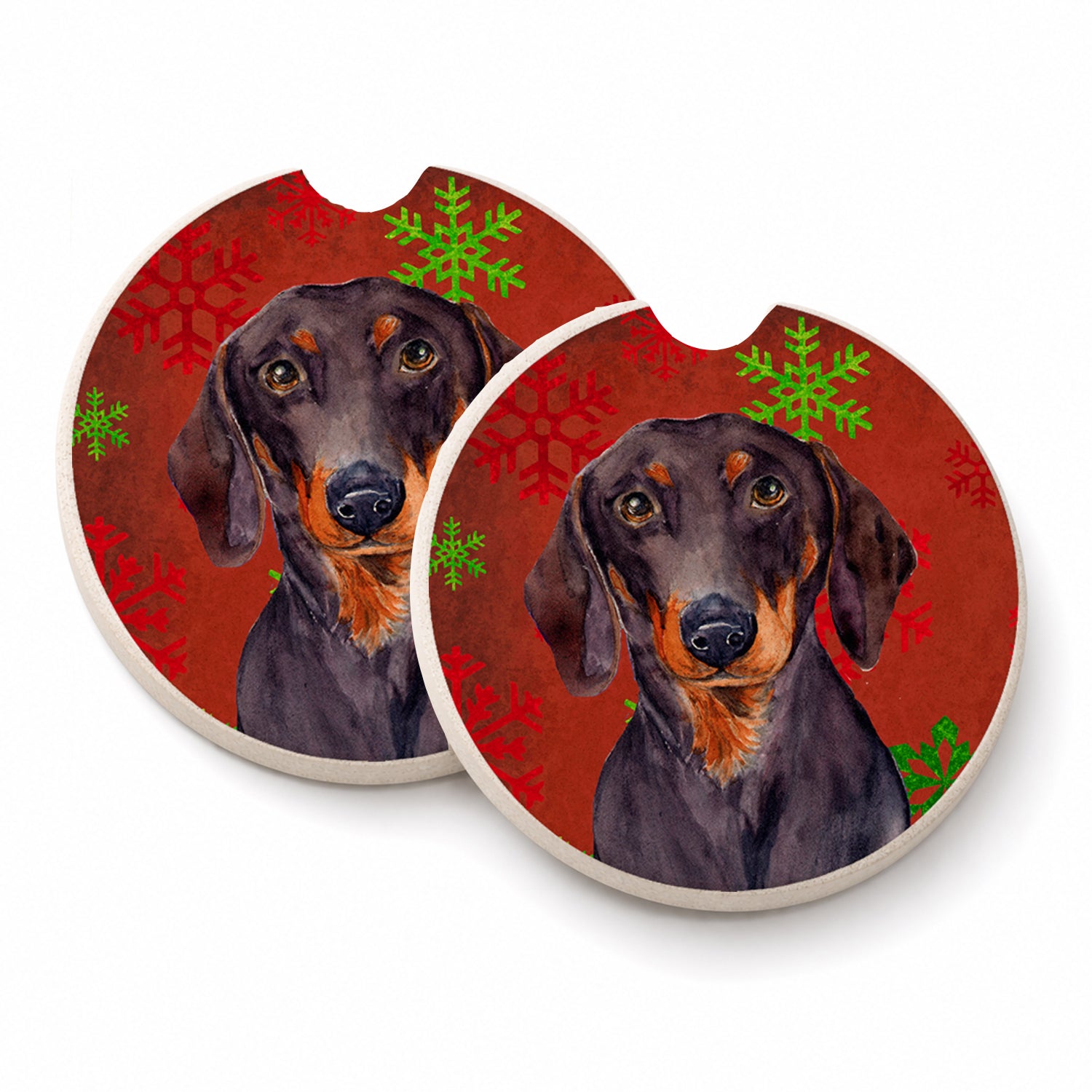 Dachshund Red and Green Snowflakes Holiday Christmas Set of 2 Cup Holder Car Coasters Absorbent Round Sandstone Coasters Gifts for Men or Women, 2.5, Multicolor