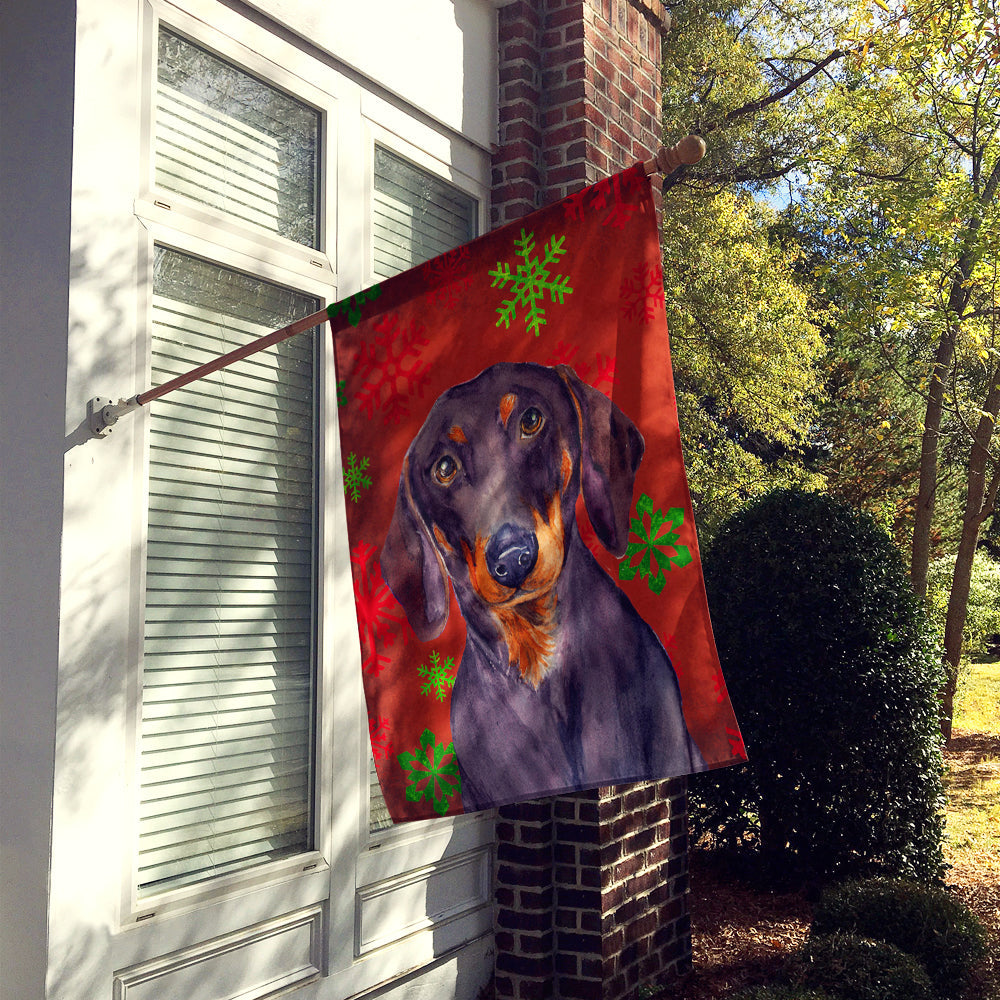 Dachshund Red and Green Snowflakes Holiday Christmas House Flag 28x40 Porch Sleeve Pole Decorative Outside Yard Banner Artwork Wall Hanging, Polyester