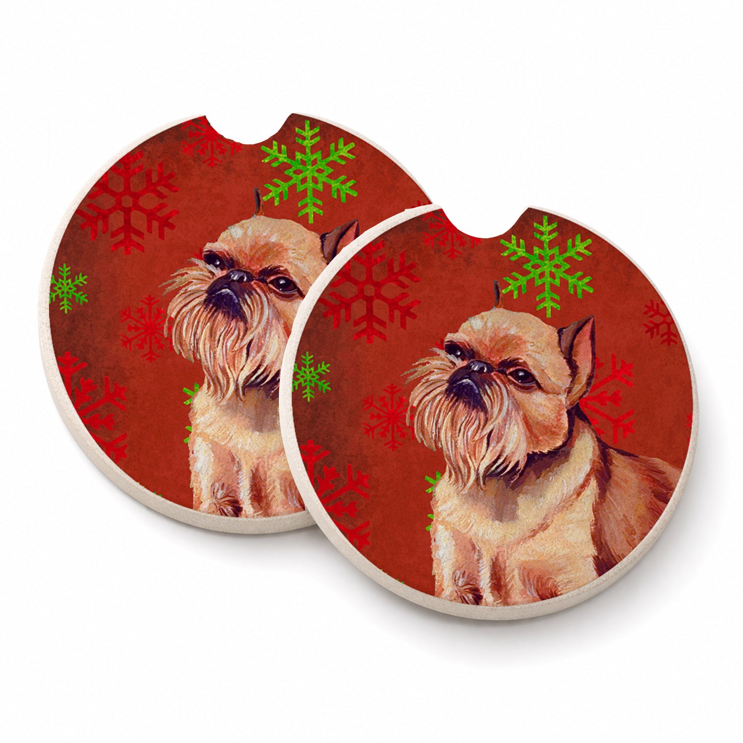 Brussels Griffon Red and Green Snowflakes Holiday Christmas Set of 2 Cup Holder Car Coasters Absorbent Round Sandstone Coasters Gifts for Men or Women, 2.5, Multicolor