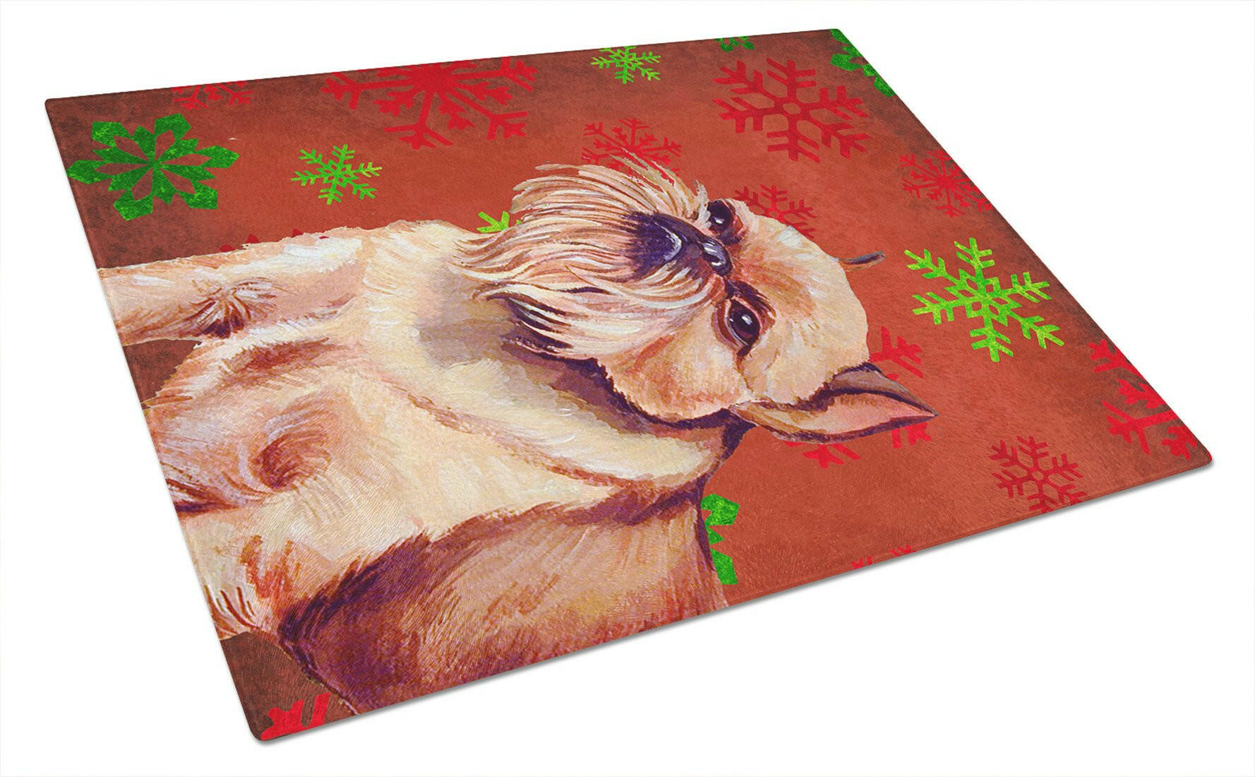 Brussels Griffon Red and Green Snowflakes Holiday Christmas Cutting Board Tempered Glass Kitchen Cutting Surface, Heat Resistant Chopping, Non-Slip Feet, Food Prep & Serving