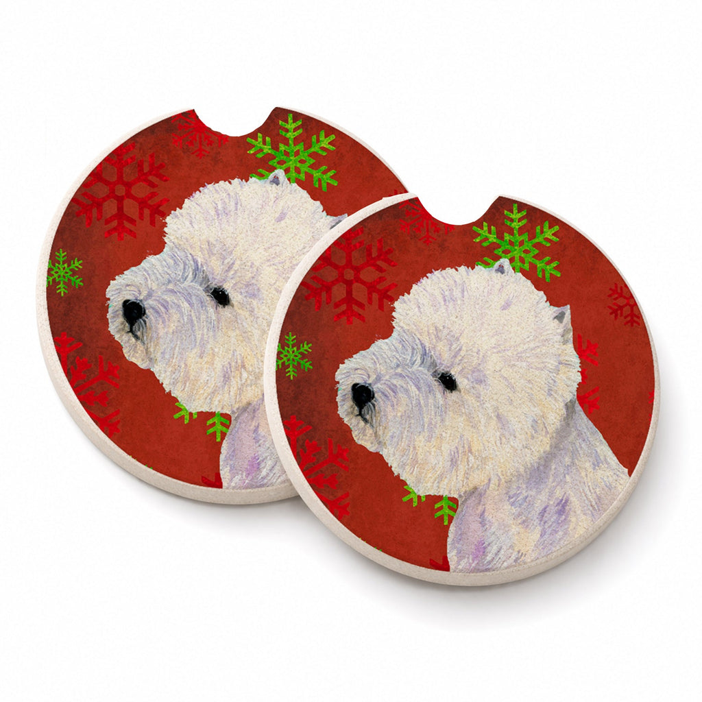 Westie Red and Green Snowflakes Holiday Christmas Set of 2 Cup Holder Car Coasters Absorbent Round Sandstone Coasters Gifts for Men or Women, 2.5, Multicolor