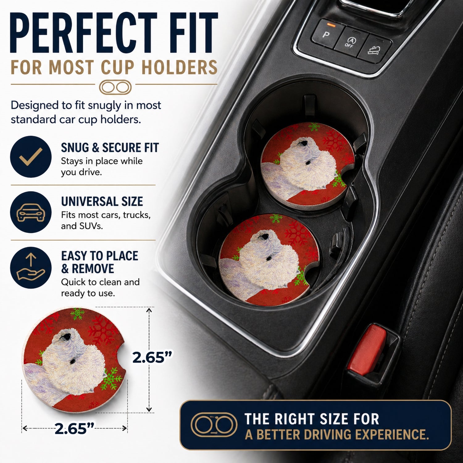 Westie Red and Green Snowflakes Holiday Christmas Set of 2 Cup Holder Car Coasters Absorbent Round Sandstone Coasters Gifts for Men or Women, 2.5, Multicolor