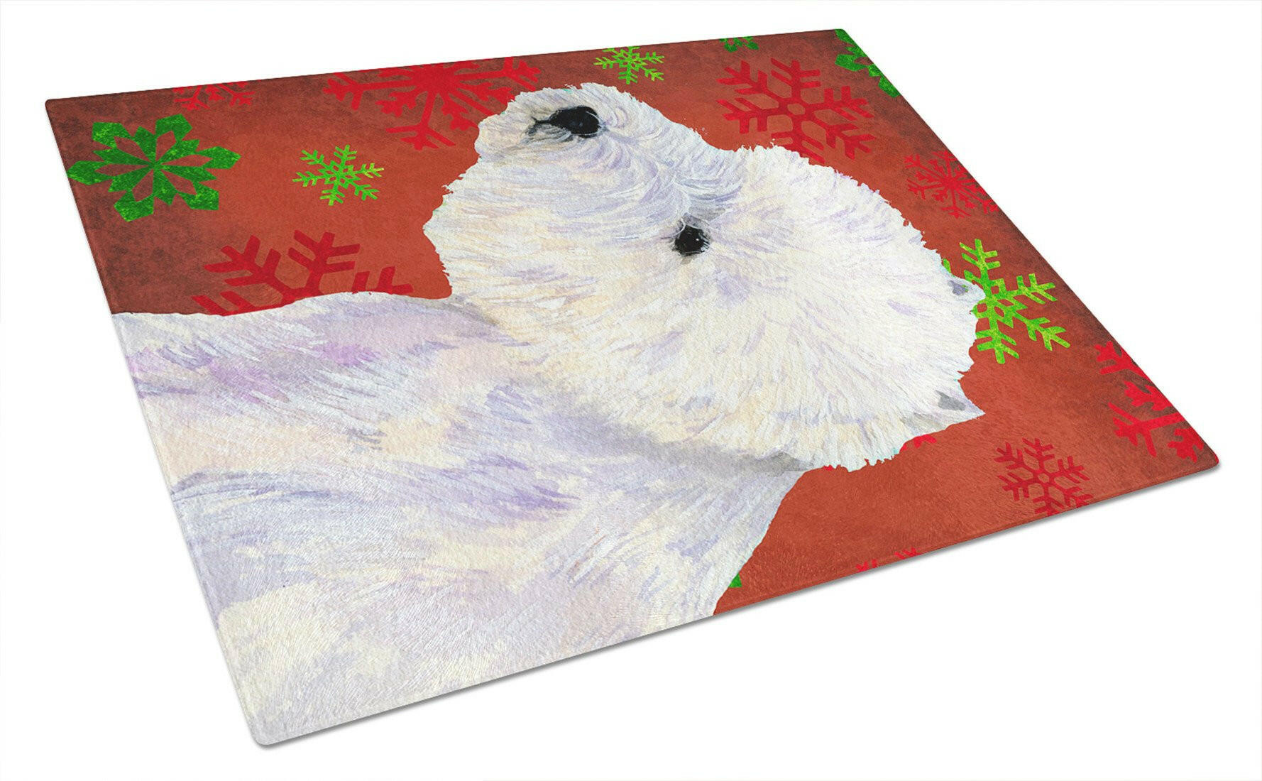Westie Red and Green Snowflakes Holiday Christmas Cutting Board Tempered Glass Kitchen Cutting Surface, Heat Resistant Chopping, Non-Slip Feet, Food Prep & Serving