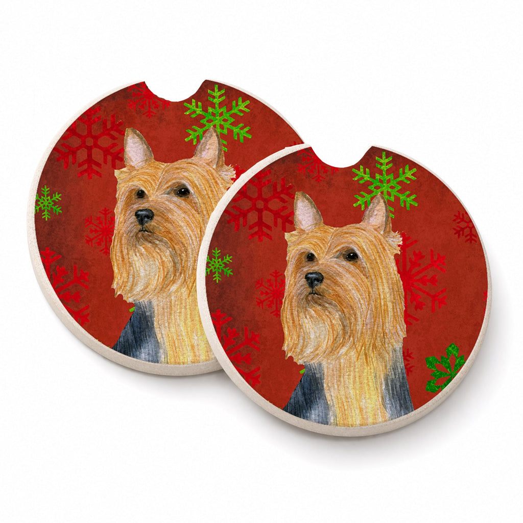 Silky Terrier Red Green Snowflake Holiday Christmas Set of 2 Cup Holder Car Coasters Absorbent Round Sandstone Coasters Gifts for Men or Women, 2.5, Multicolor
