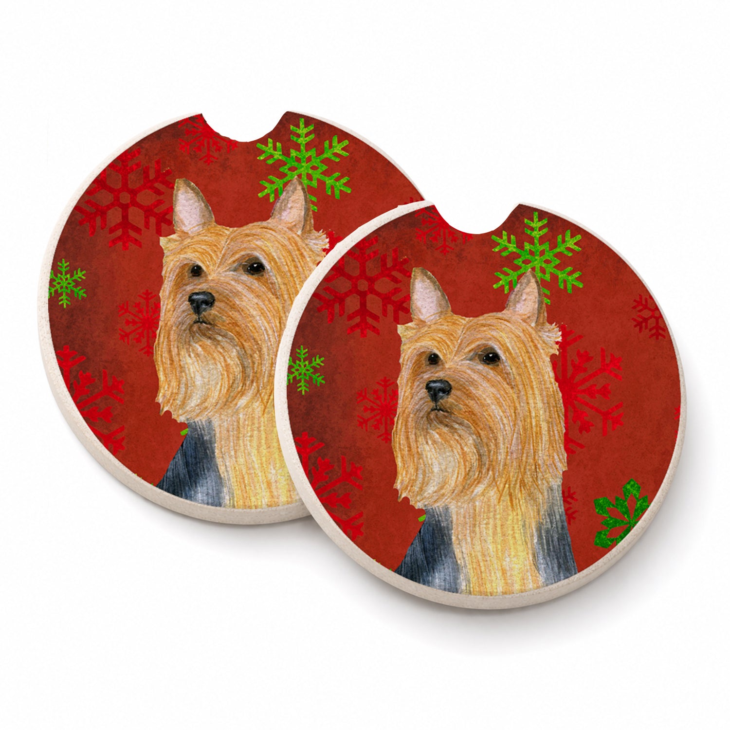Silky Terrier Red Green Snowflake Holiday Christmas Set of 2 Cup Holder Car Coasters Absorbent Round Sandstone Coasters Gifts for Men or Women, 2.5, Multicolor