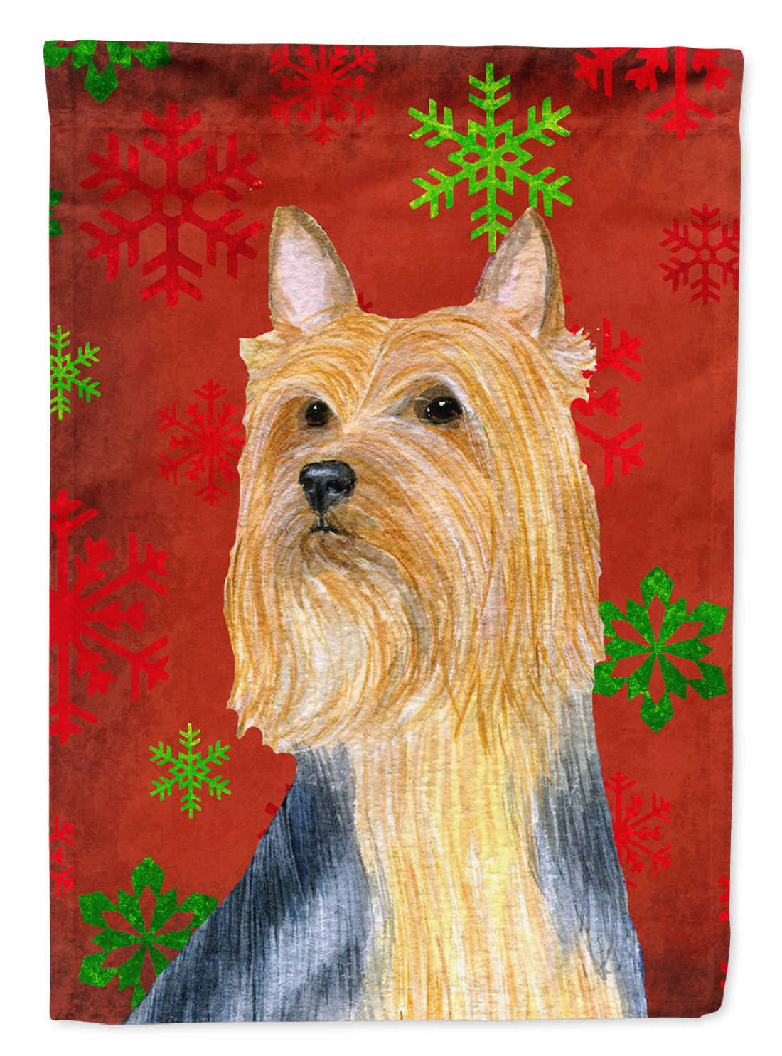 Silky Terrier Red Green Snowflake Holiday Christmas House Flag 28x40 Porch Sleeve Pole Decorative Outside Yard Banner Artwork Wall Hanging, Polyester