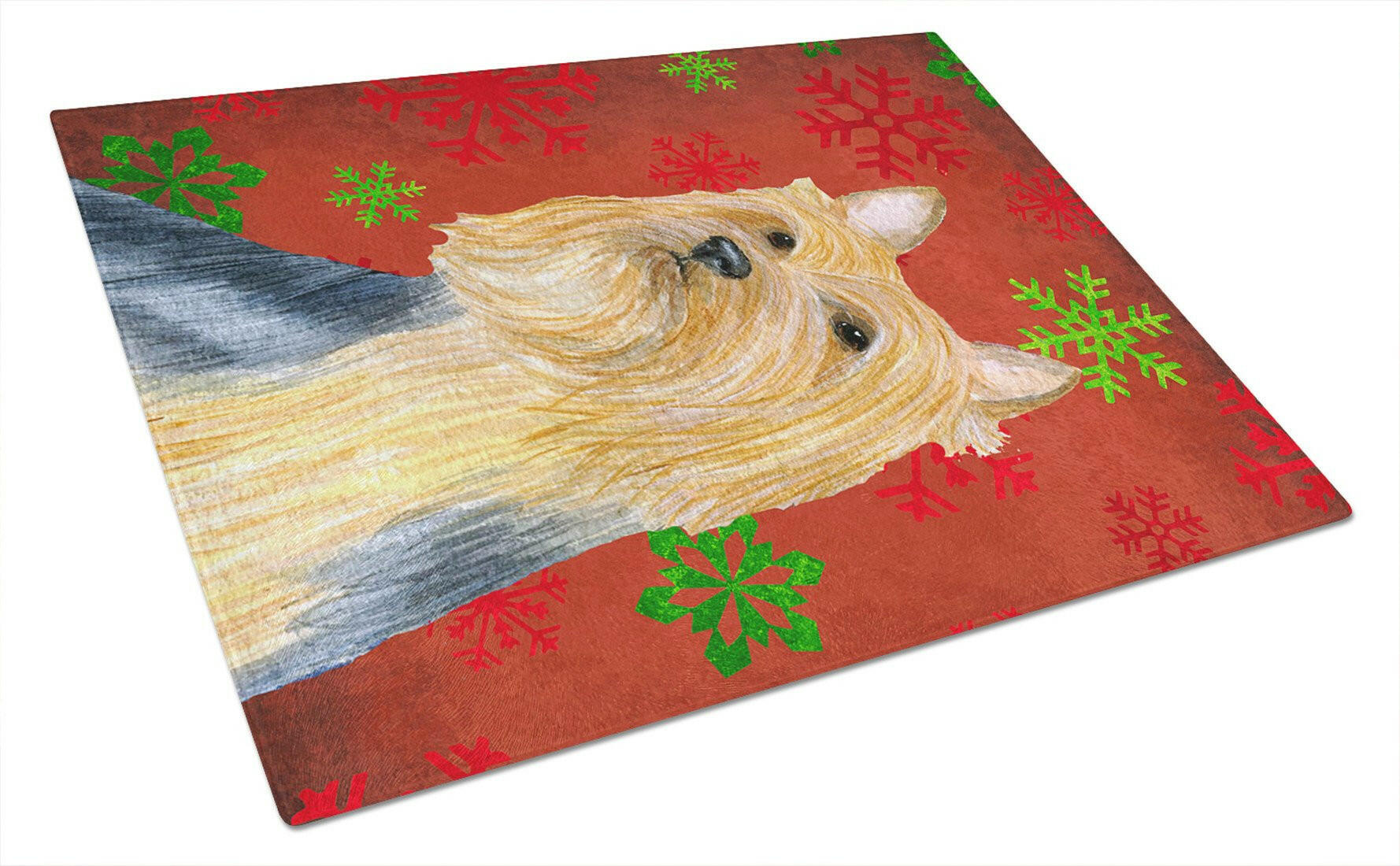 Silky Terrier Red Green Snowflake Holiday Christmas Cutting Board Tempered Glass Kitchen Cutting Surface, Heat Resistant Chopping, Non-Slip Feet, Food Prep & Serving
