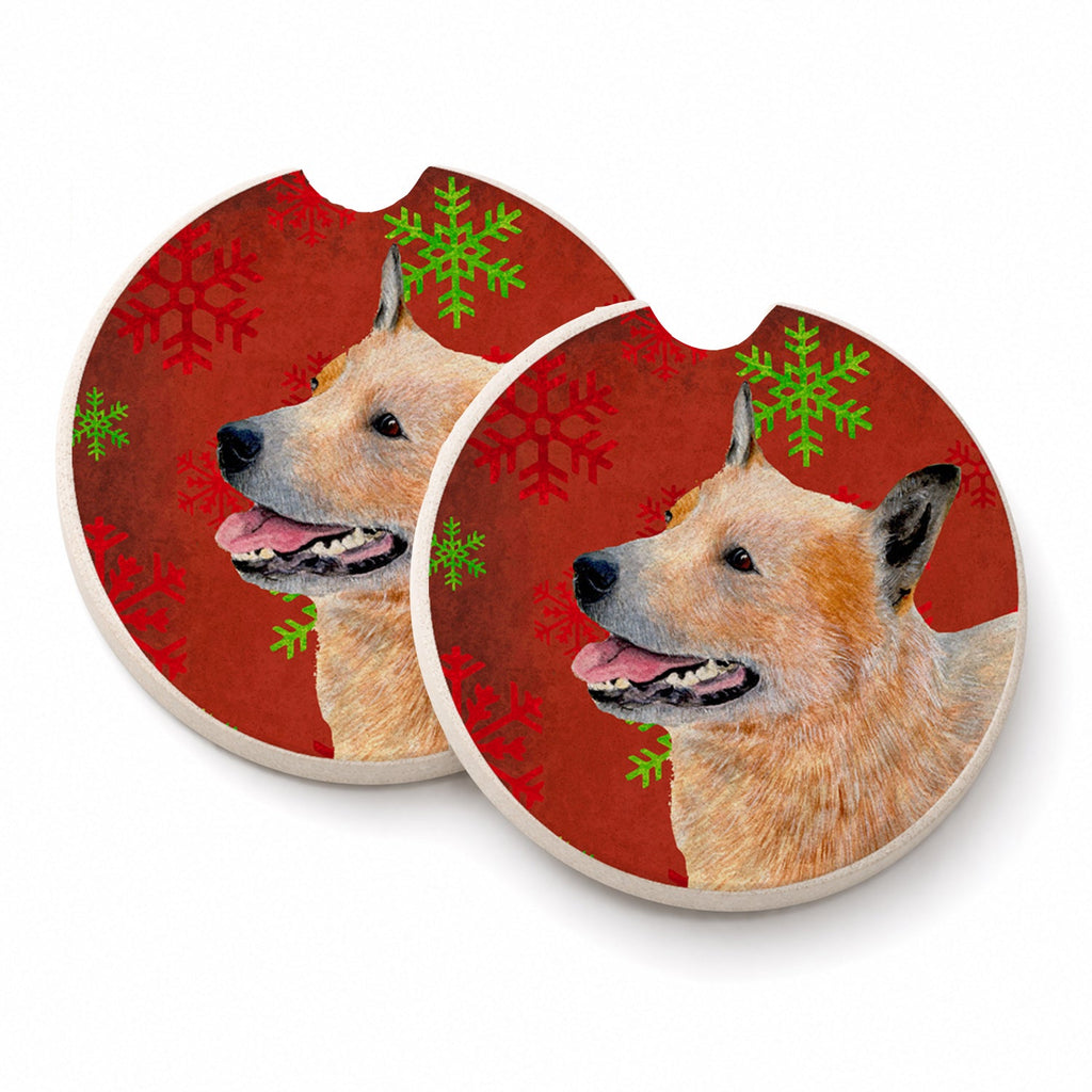 Australian Cattle Dog Red Green Snowflakes Christmas Set of 2 Cup Holder Car Coasters Absorbent Round Sandstone Coasters Gifts for Men or Women, 2.5, Multicolor