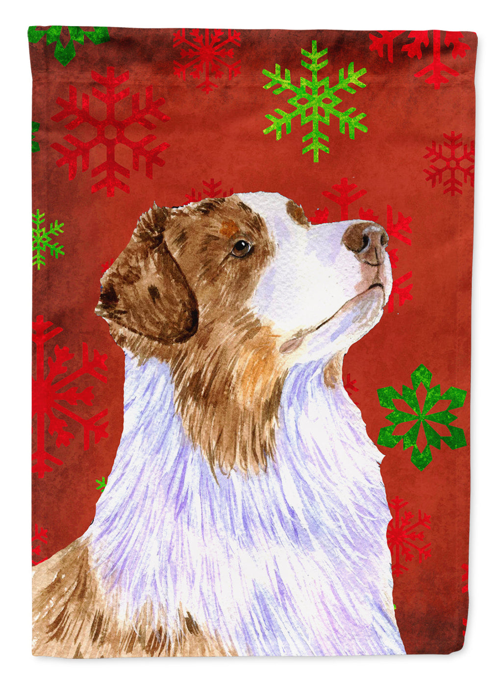 Australian Shepherd Red Green Snowflakes Christmas House Flag 28x40 Porch Sleeve Pole Decorative Outside Yard Banner Artwork Wall Hanging, Polyester