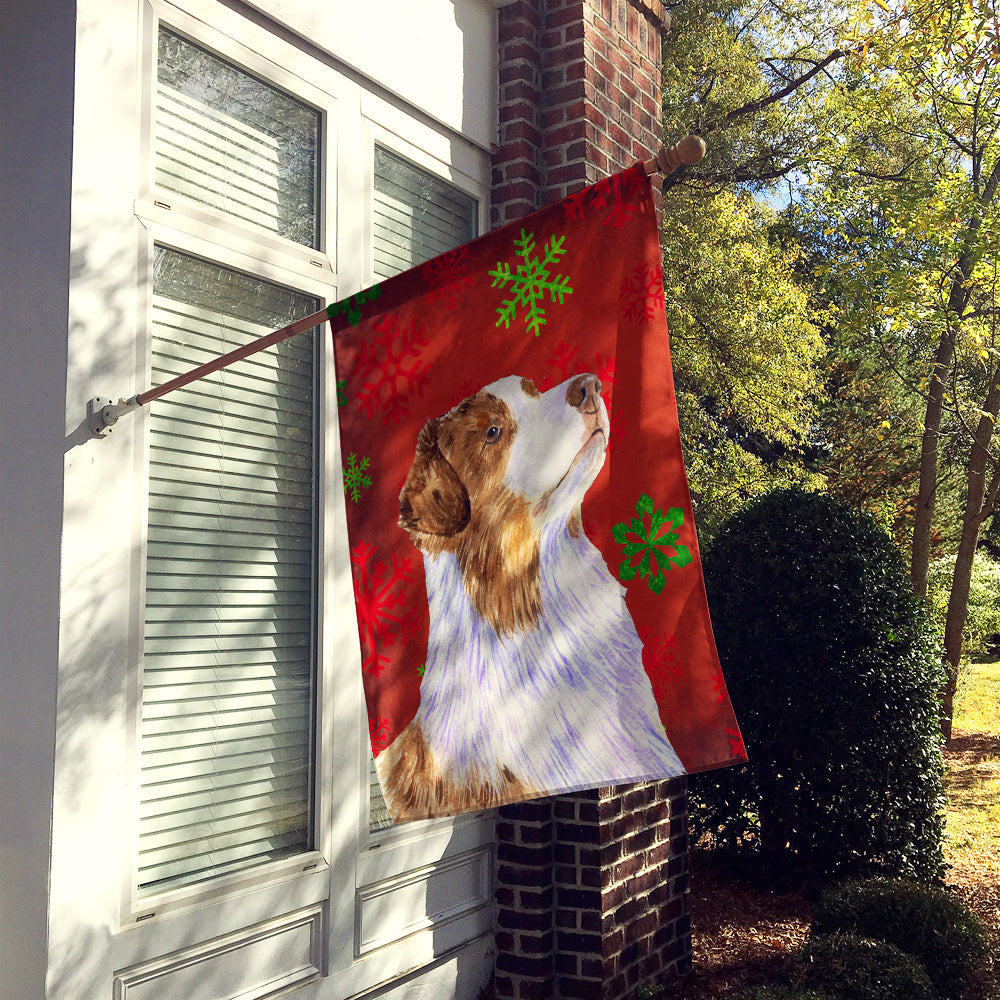 Australian Shepherd Red Green Snowflakes Christmas House Flag 28x40 Porch Sleeve Pole Decorative Outside Yard Banner Artwork Wall Hanging, Polyester