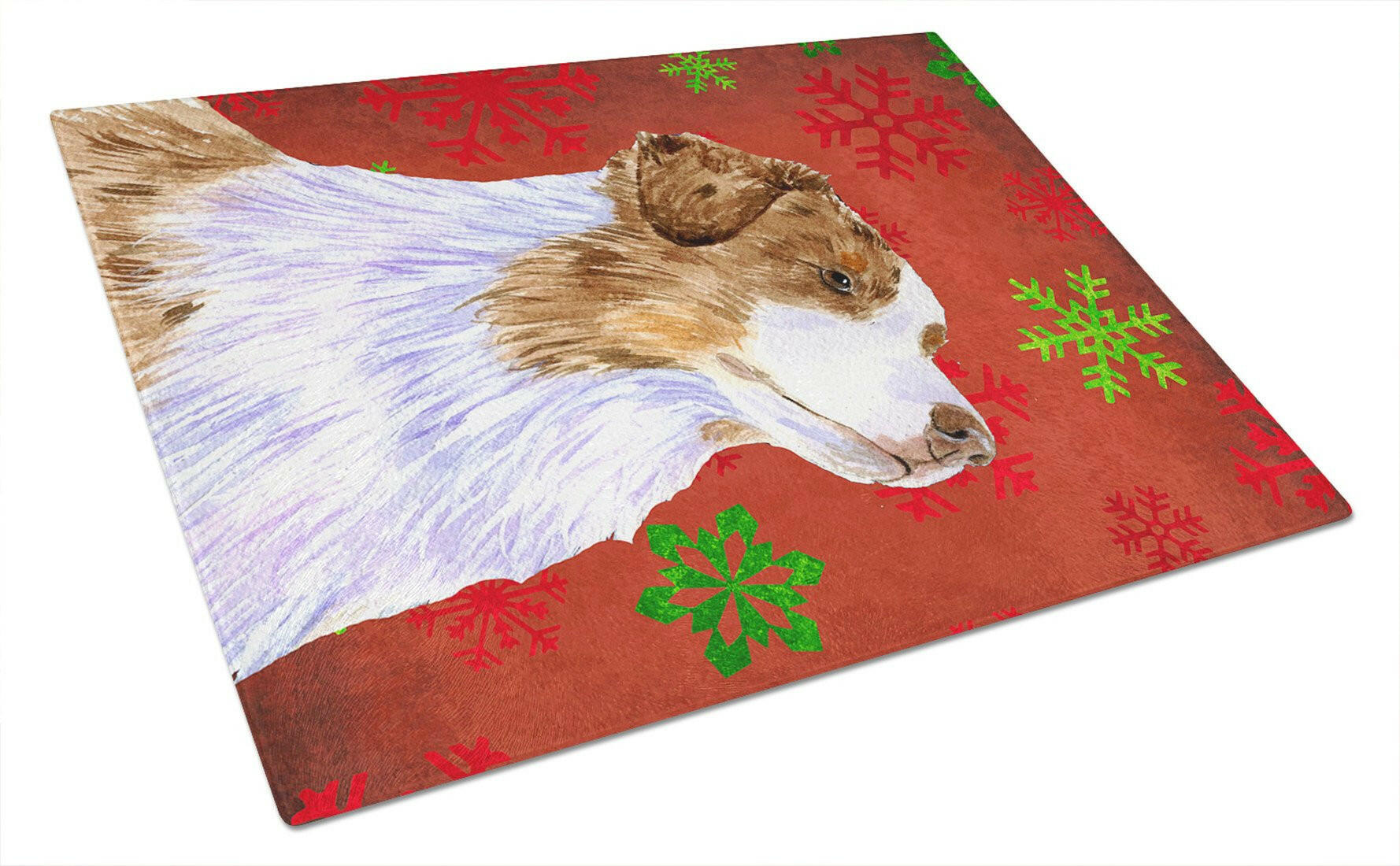 Australian Shepherd Red Green Snowflakes Christmas Cutting Board Tempered Glass Kitchen Cutting Surface, Heat Resistant Chopping, Non-Slip Feet, Food Prep & Serving