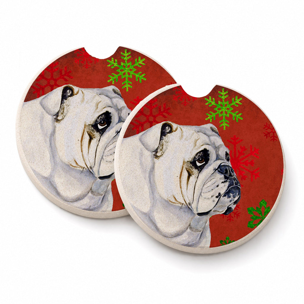 Bulldog English Red and Green Snowflakes Holiday Christmas Set of 2 Cup Holder Car Coasters Absorbent Round Sandstone Coasters Gifts for Men or Women, 2.5, Multicolor