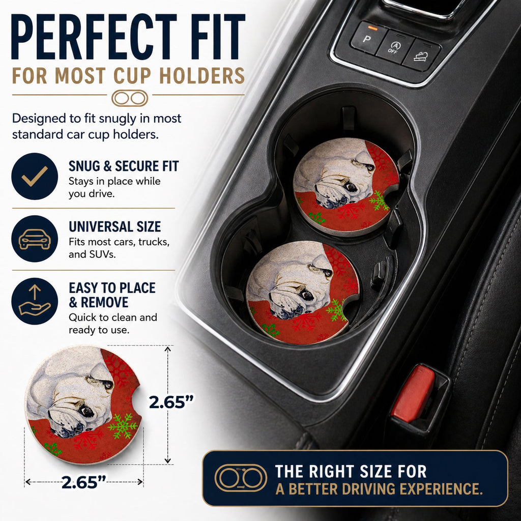 Bulldog English Red and Green Snowflakes Holiday Christmas Set of 2 Cup Holder Car Coasters Absorbent Round Sandstone Coasters Gifts for Men or Women, 2.5, Multicolor