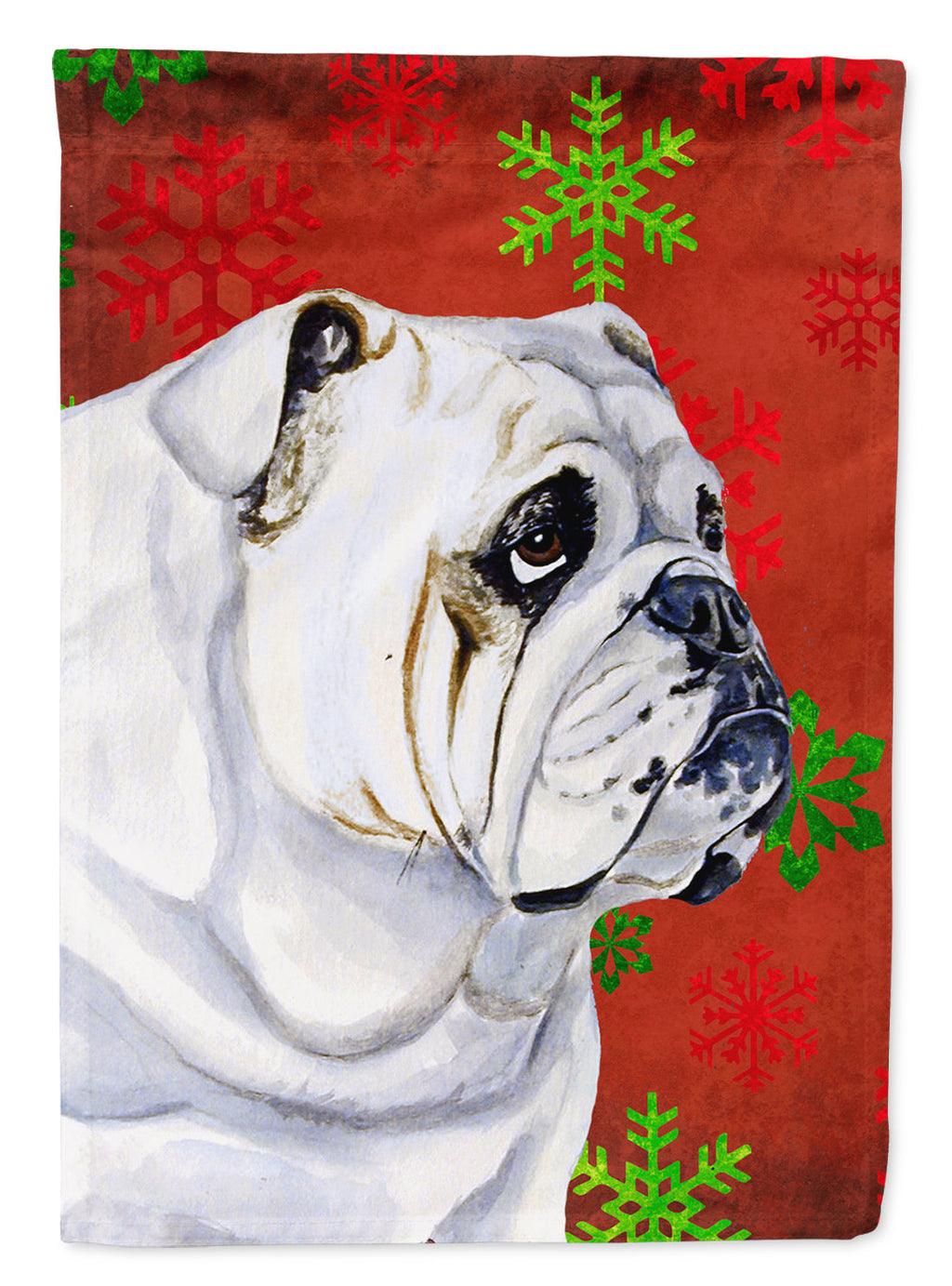 Bulldog English Red and Green Snowflakes Holiday Christmas House Flag 28x40 Porch Sleeve Pole Decorative Outside Yard Banner Artwork Wall Hanging, Polyester