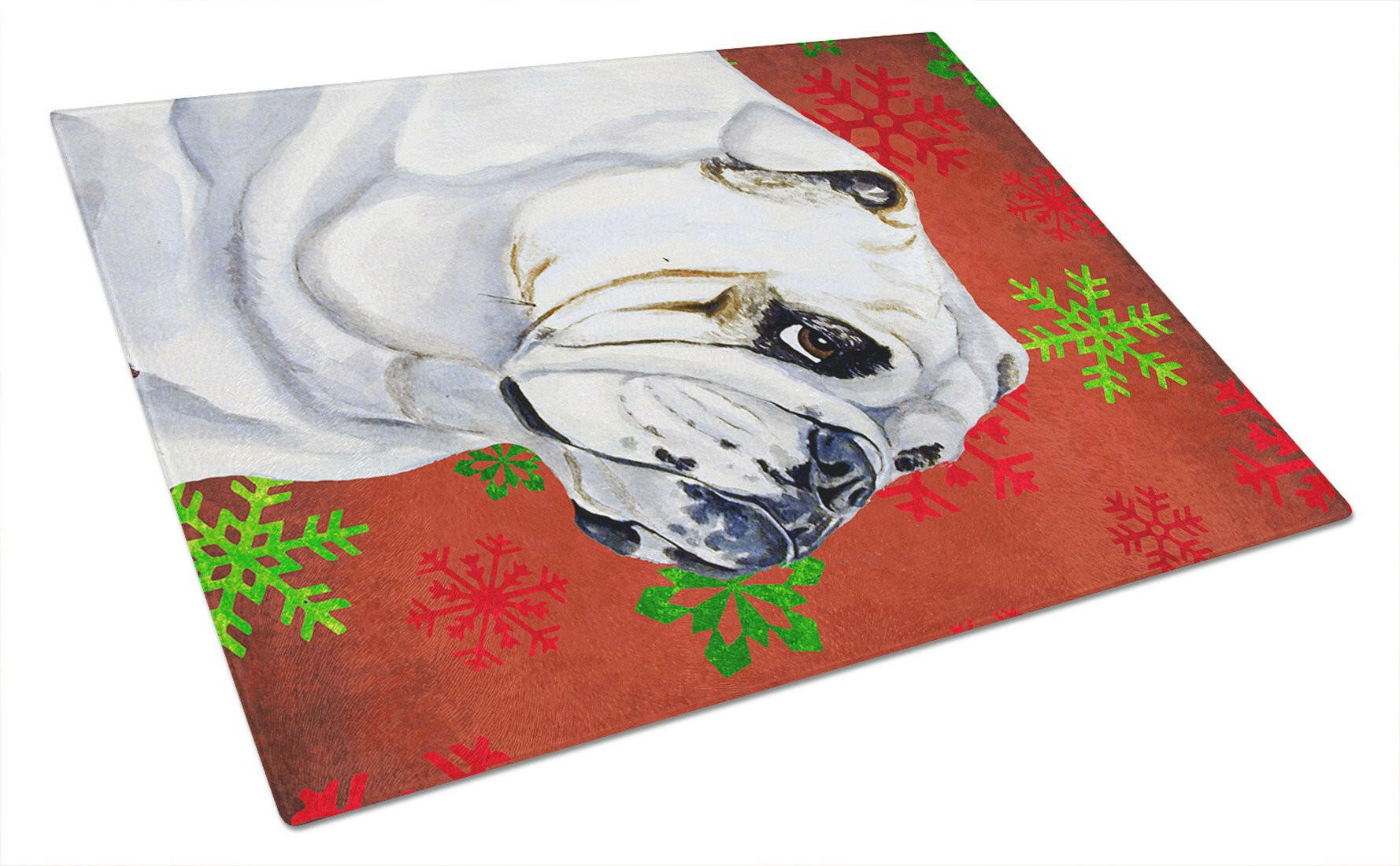 Bulldog English Red and Green Snowflakes Holiday Christmas Cutting Board Tempered Glass Kitchen Cutting Surface, Heat Resistant Chopping, Non-Slip Feet, Food Prep & Serving