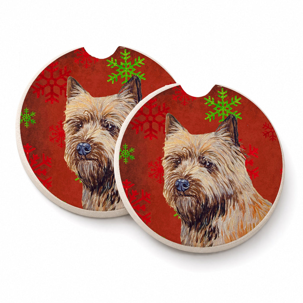 Cairn Terrier Red and Green Snowflakes Holiday Christmas Set of 2 Cup Holder Car Coasters Absorbent Round Sandstone Coasters Gifts for Men or Women, 2.5, Multicolor