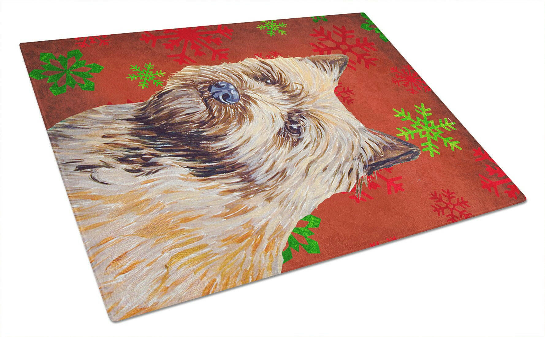 Cairn Terrier Red and Green Snowflakes Holiday Christmas Cutting Board Tempered Glass Kitchen Cutting Surface, Heat Resistant Chopping, Non-Slip Feet, Food Prep & Serving