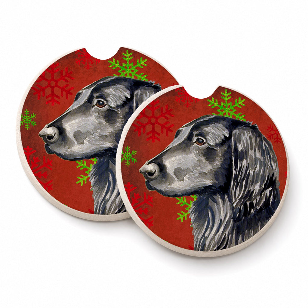 Flat Coated Retriever Red  Green Snowflakes Holiday Christmas Set of 2 Cup Holder Car Coasters Absorbent Round Sandstone Coasters Gifts for Men or Women, 2.5, Multicolor