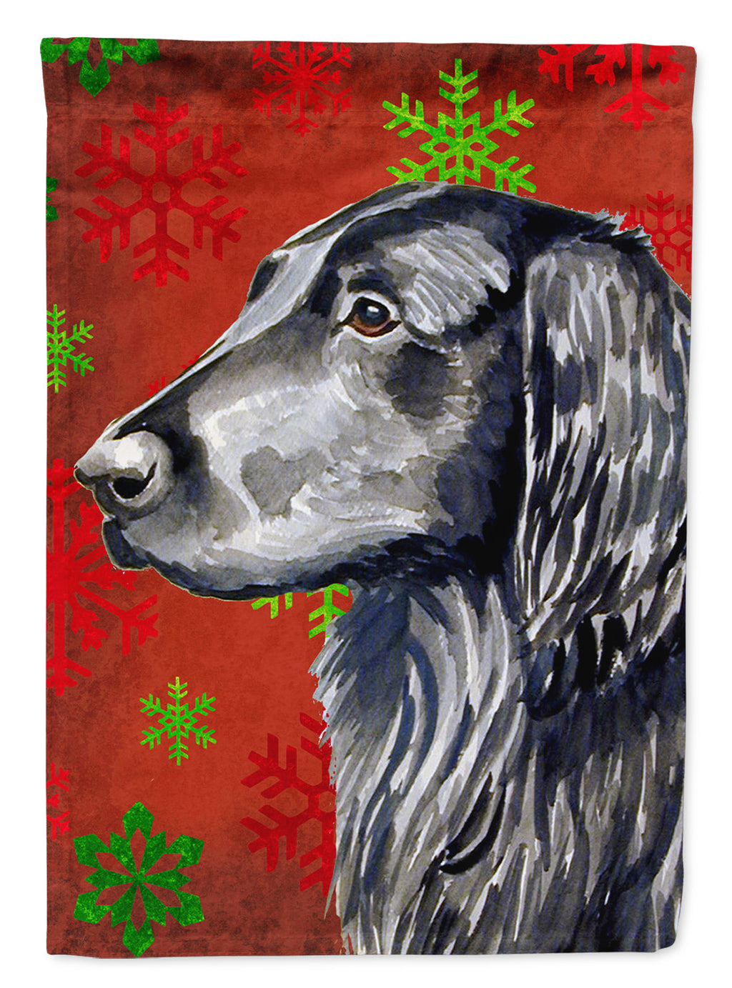 Flat Coated Retriever Red  Green Snowflakes Holiday Christmas House Flag 28x40 Porch Sleeve Pole Decorative Outside Yard Banner Artwork Wall Hanging, Polyester