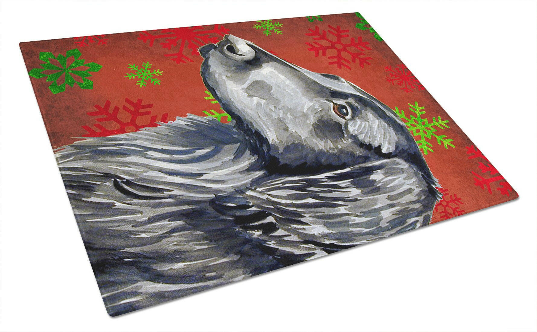 Flat Coated Retriever Red  Green Snowflakes Holiday Christmas Cutting Board Tempered Glass Kitchen Cutting Surface, Heat Resistant Chopping, Non-Slip Feet, Food Prep & Serving