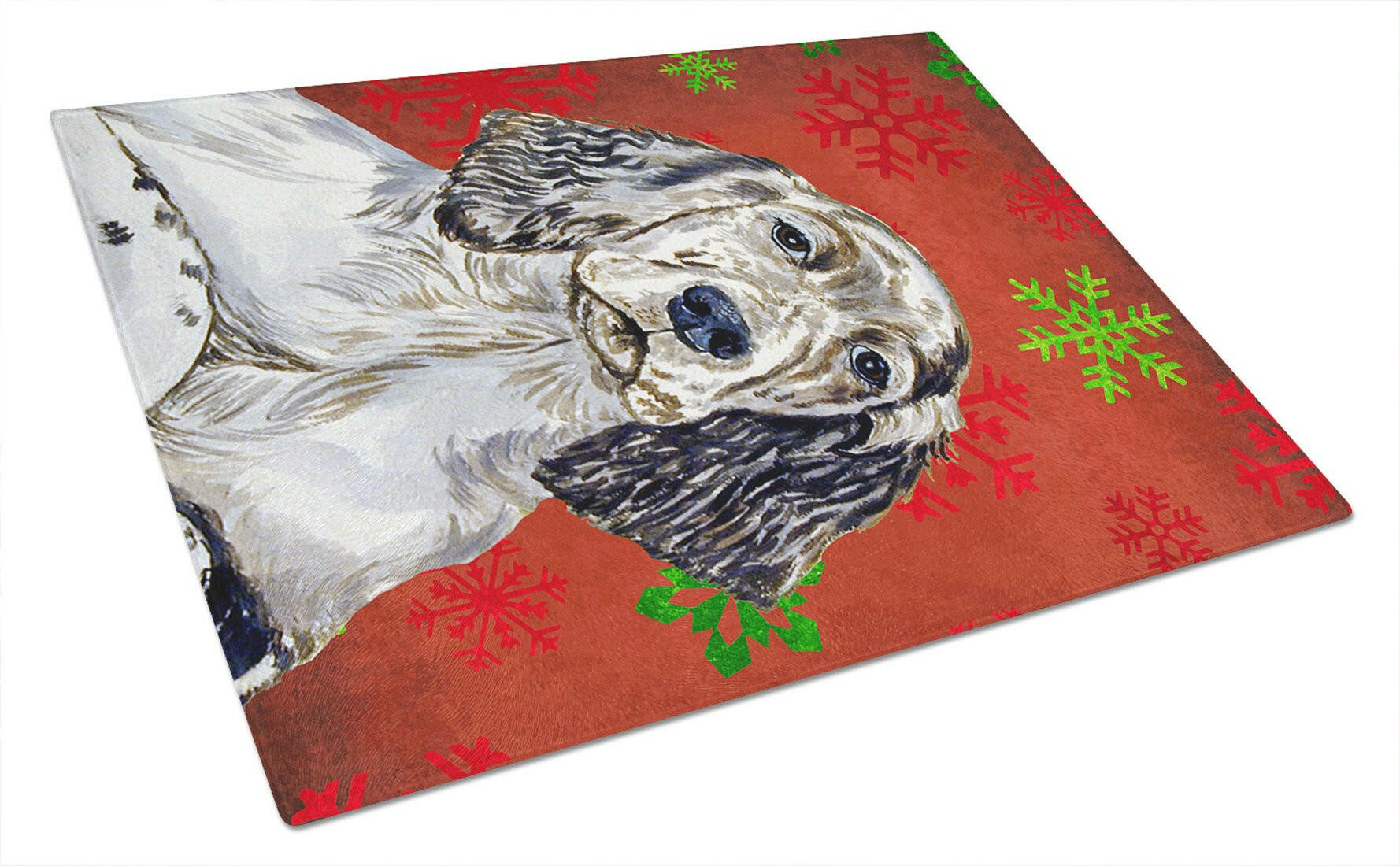 English Setter Red and Green Snowflakes Holiday Christmas Cutting Board Tempered Glass Kitchen Cutting Surface, Heat Resistant Chopping, Non-Slip Feet, Food Prep & Serving