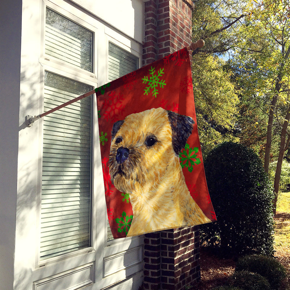 Border Terrier Red and Green Snowflakes Holiday Christmas House Flag 28x40 Porch Sleeve Pole Decorative Outside Yard Banner Artwork Wall Hanging, Polyester
