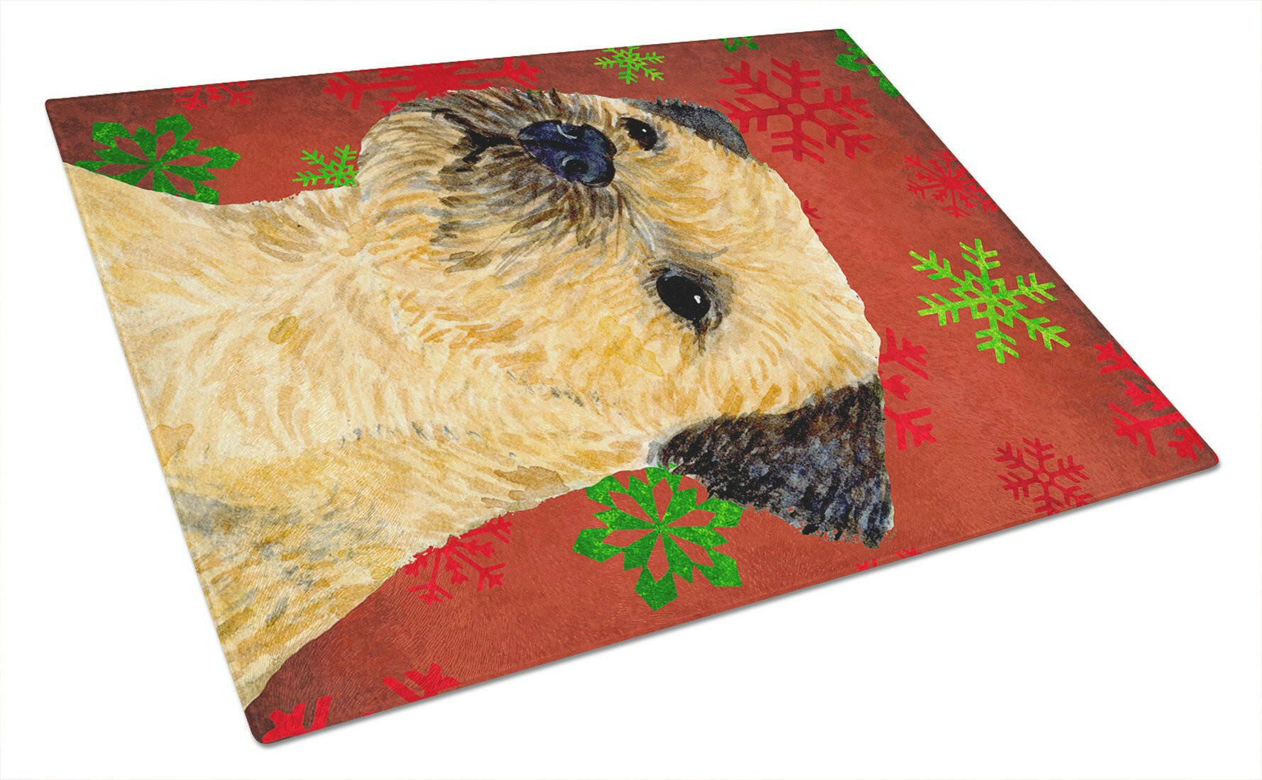 Border Terrier Red and Green Snowflakes Holiday Christmas Cutting Board Tempered Glass Kitchen Cutting Surface, Heat Resistant Chopping, Non-Slip Feet, Food Prep & Serving