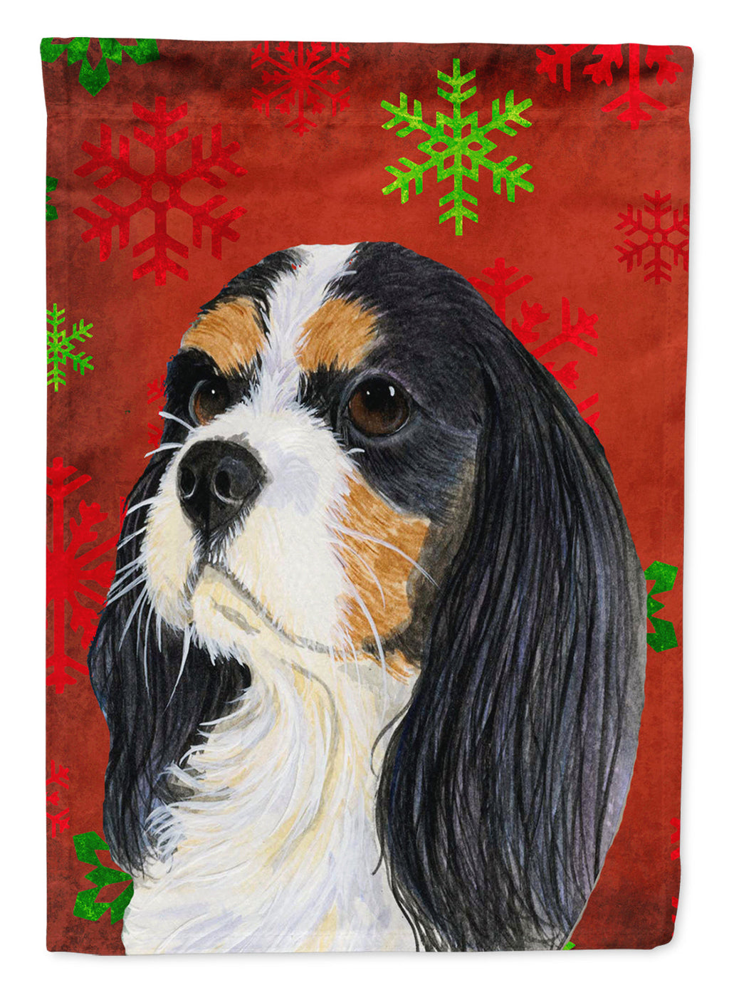 Cavalier Spaniel Red and Green Snowflakes Holiday Christmas House Flag 28x40 Porch Sleeve Pole Decorative Outside Yard Banner Artwork Wall Hanging, Polyester