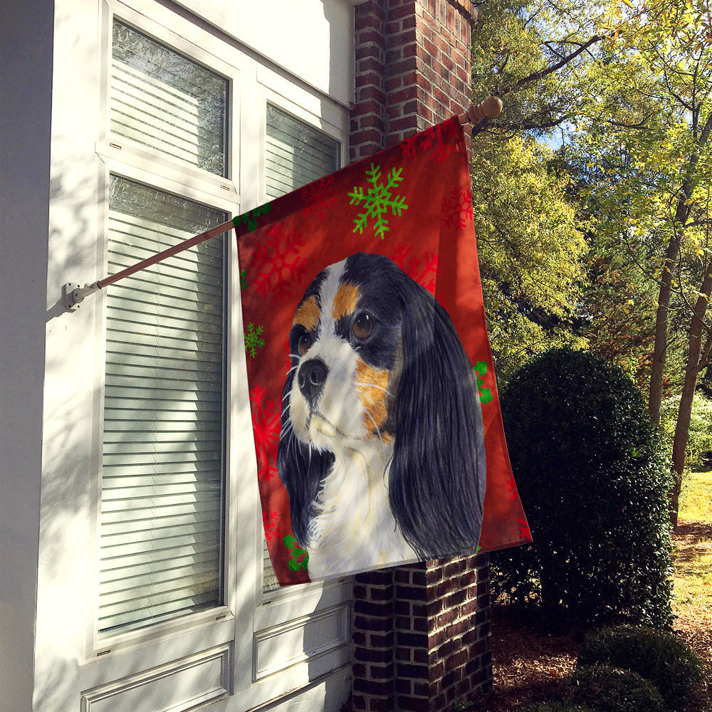 Cavalier Spaniel Red and Green Snowflakes Holiday Christmas House Flag 28x40 Porch Sleeve Pole Decorative Outside Yard Banner Artwork Wall Hanging, Polyester