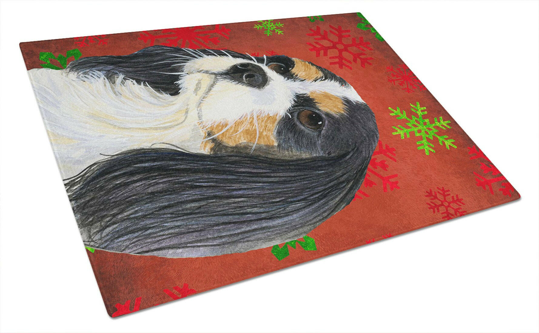Cavalier Spaniel Red and Green Snowflakes Holiday Christmas Cutting Board Tempered Glass Kitchen Cutting Surface, Heat Resistant Chopping, Non-Slip Feet, Food Prep & Serving