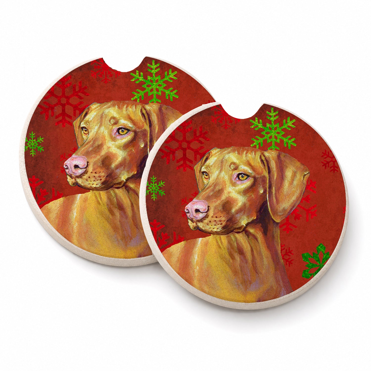 Vizsla Red and Green Snowflakes Holiday Christmas Set of 2 Cup Holder Car Coasters Absorbent Round Sandstone Coasters Gifts for Men or Women, 2.5, Multicolor