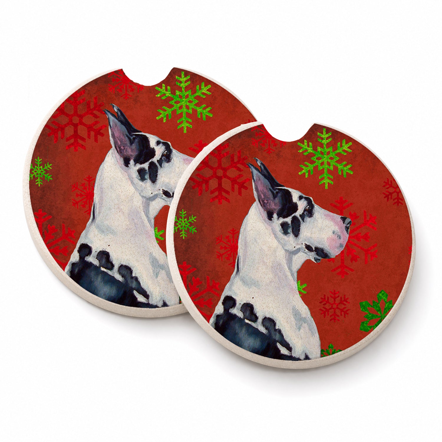 Great Dane Red and Green Snowflakes Holiday Christmas Set of 2 Cup Holder Car Coasters Absorbent Round Sandstone Coasters Gifts for Men or Women, 2.5, Multicolor