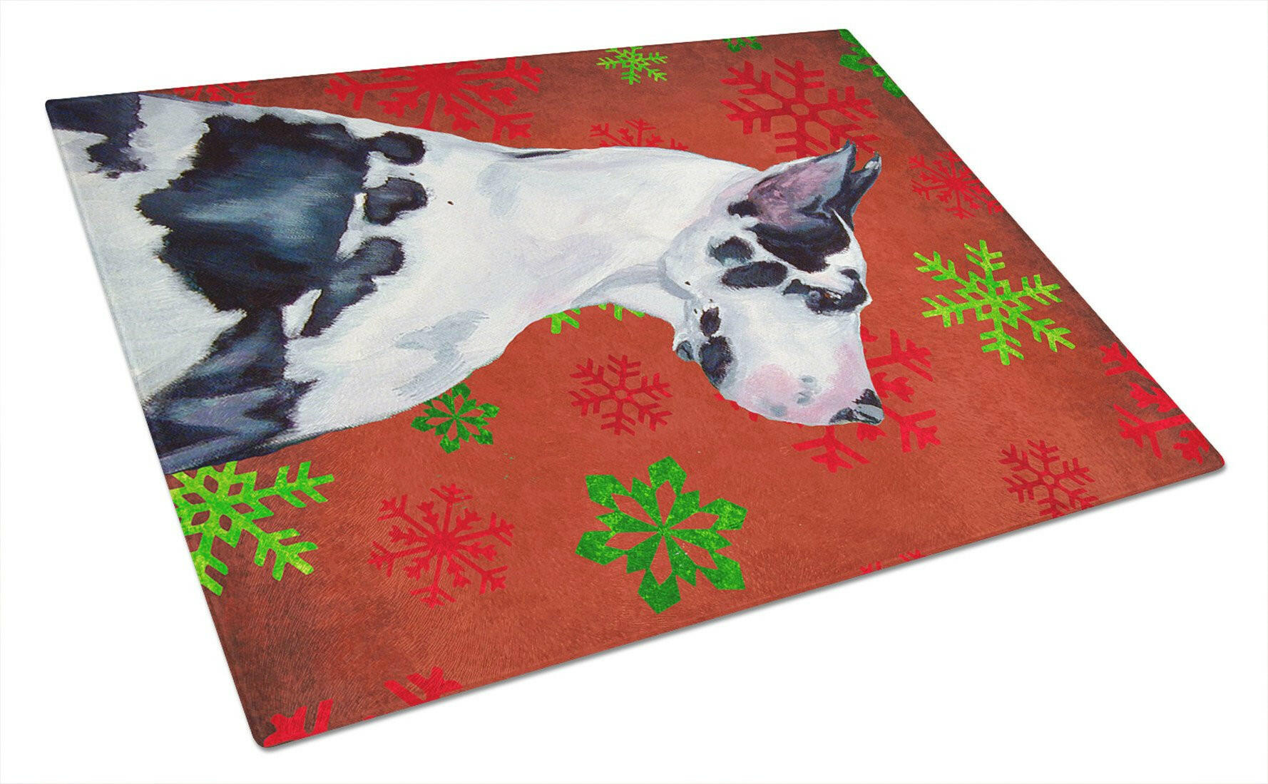 Great Dane Red and Green Snowflakes Holiday Christmas Cutting Board Tempered Glass Kitchen Cutting Surface, Heat Resistant Chopping, Non-Slip Feet, Food Prep & Serving