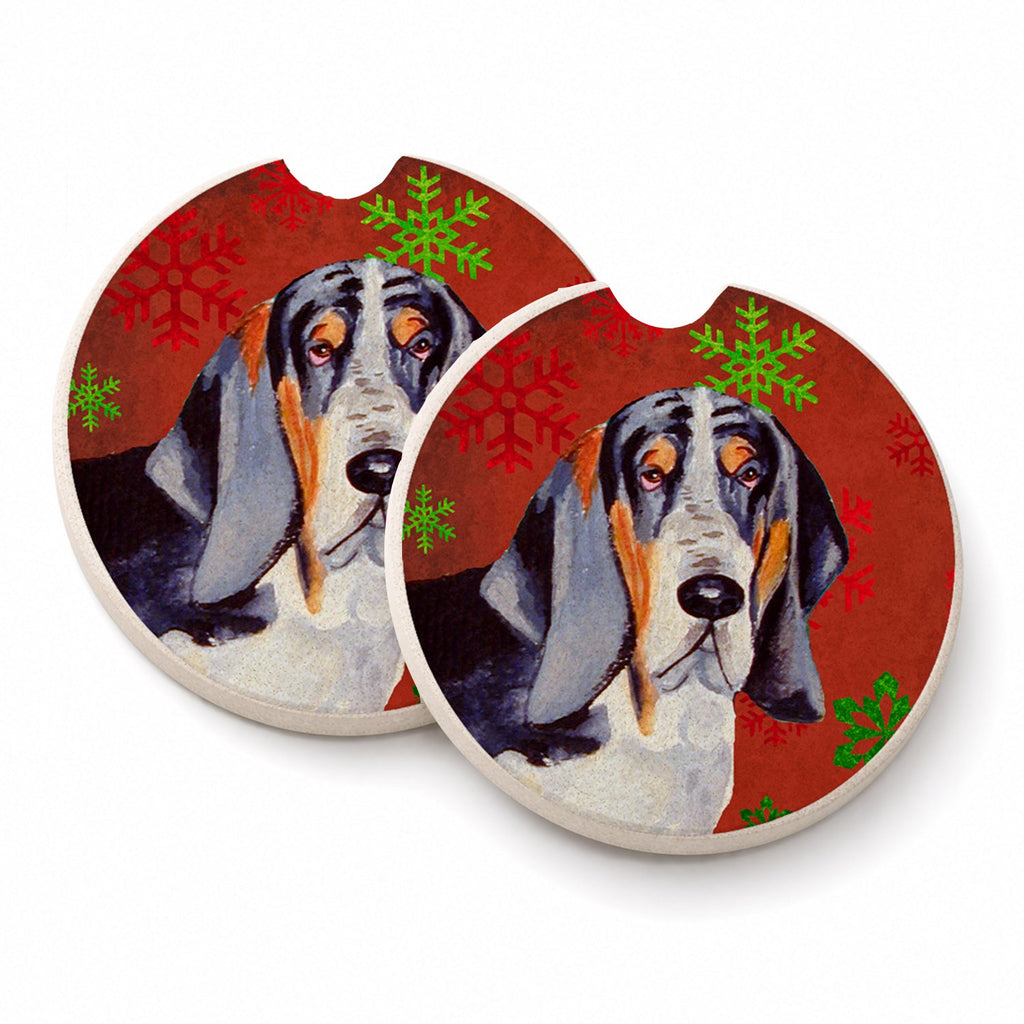 Basset Hound Red and Green Snowflakes Holiday Christmas Set of 2 Cup Holder Car Coasters Absorbent Round Sandstone Coasters Gifts for Men or Women, 2.5, Multicolor