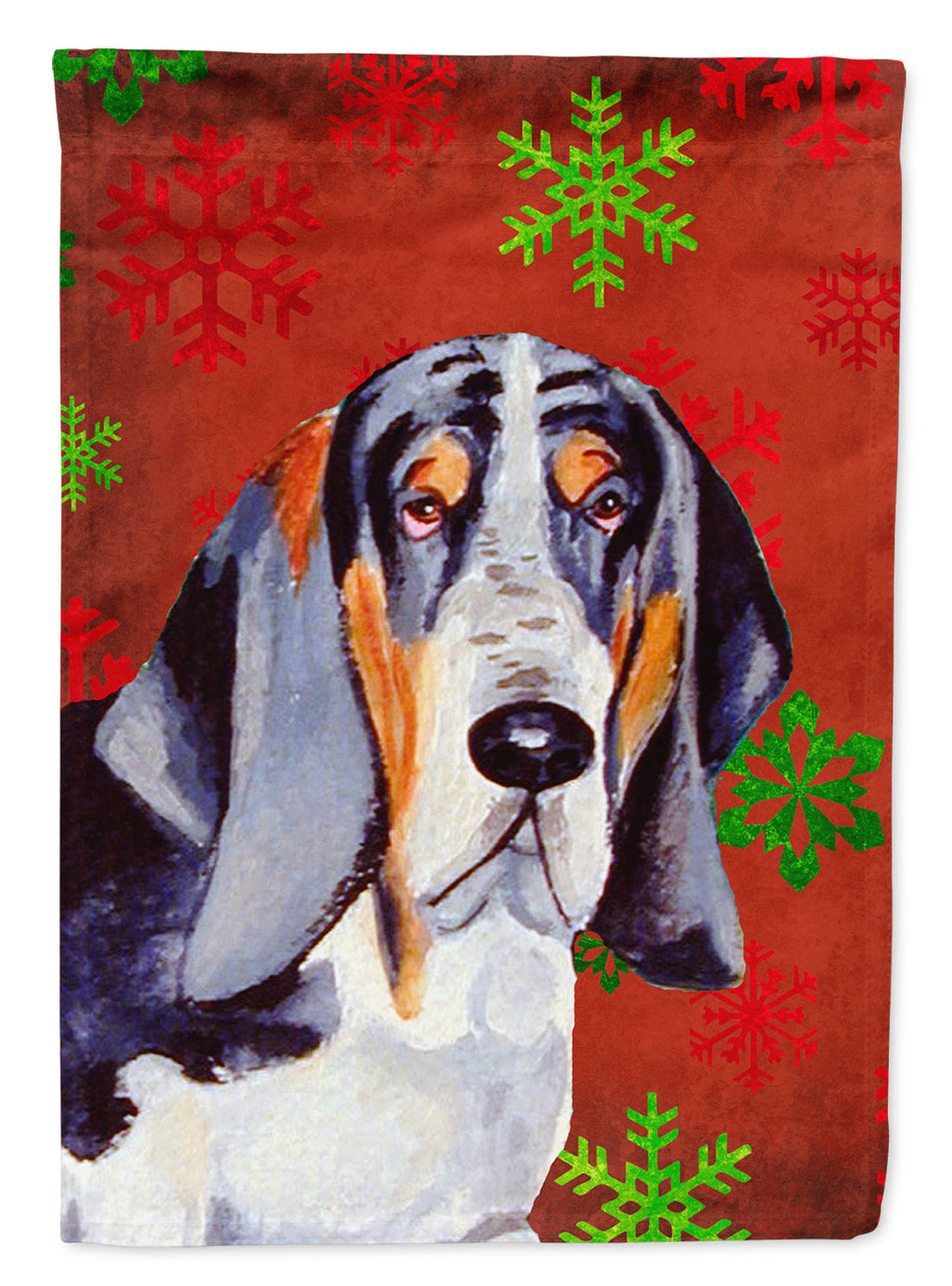 Basset Hound Red and Green Snowflakes Holiday Christmas House Flag 28x40 Porch Sleeve Pole Decorative Outside Yard Banner Artwork Wall Hanging, Polyester