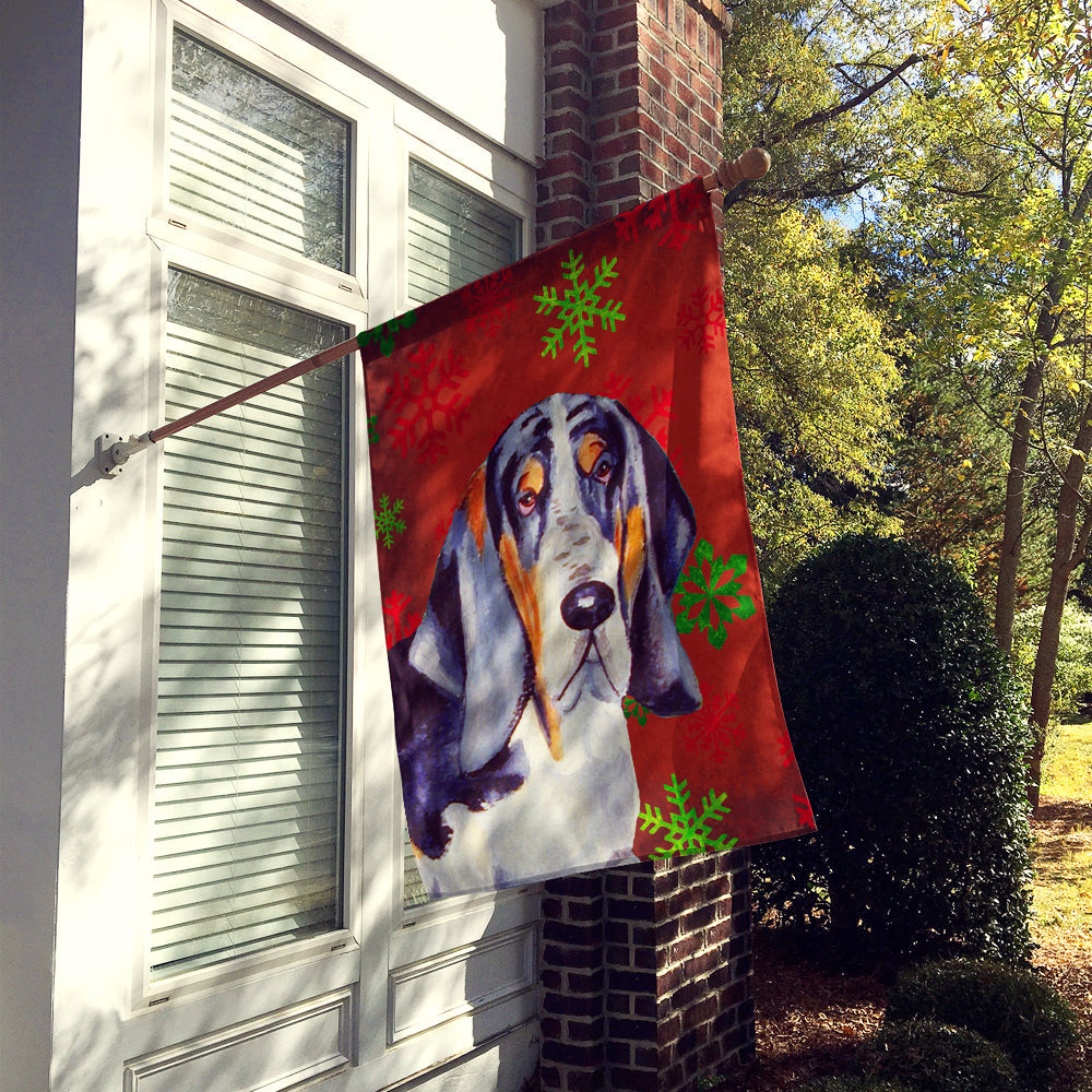 Basset Hound Red and Green Snowflakes Holiday Christmas House Flag 28x40 Porch Sleeve Pole Decorative Outside Yard Banner Artwork Wall Hanging, Polyester