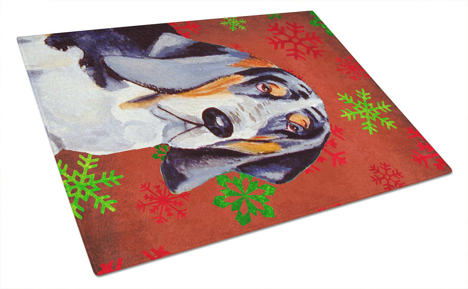 Basset Hound Red and Green Snowflakes Holiday Christmas Cutting Board Tempered Glass Kitchen Cutting Surface, Heat Resistant Chopping, Non-Slip Feet, Food Prep & Serving