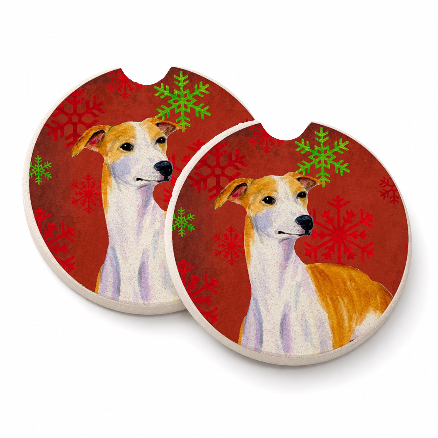 Whippet Red and Green Snowflakes Holiday Christmas Set of 2 Cup Holder Car Coasters Absorbent Round Sandstone Coasters Gifts for Men or Women, 2.5, Multicolor