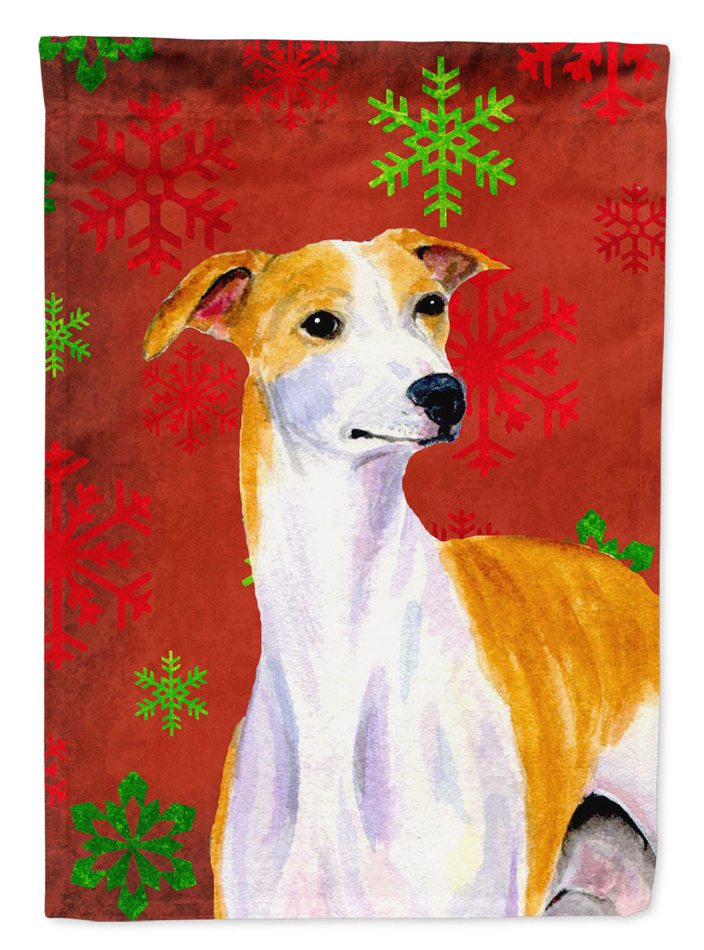 Whippet Red and Green Snowflakes Holiday Christmas House Flag 28x40 Porch Sleeve Pole Decorative Outside Yard Banner Artwork Wall Hanging, Polyester