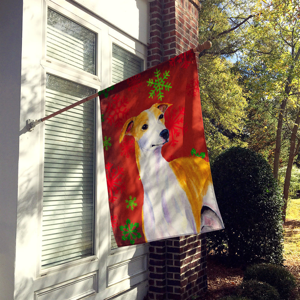 Whippet Red and Green Snowflakes Holiday Christmas House Flag 28x40 Porch Sleeve Pole Decorative Outside Yard Banner Artwork Wall Hanging, Polyester