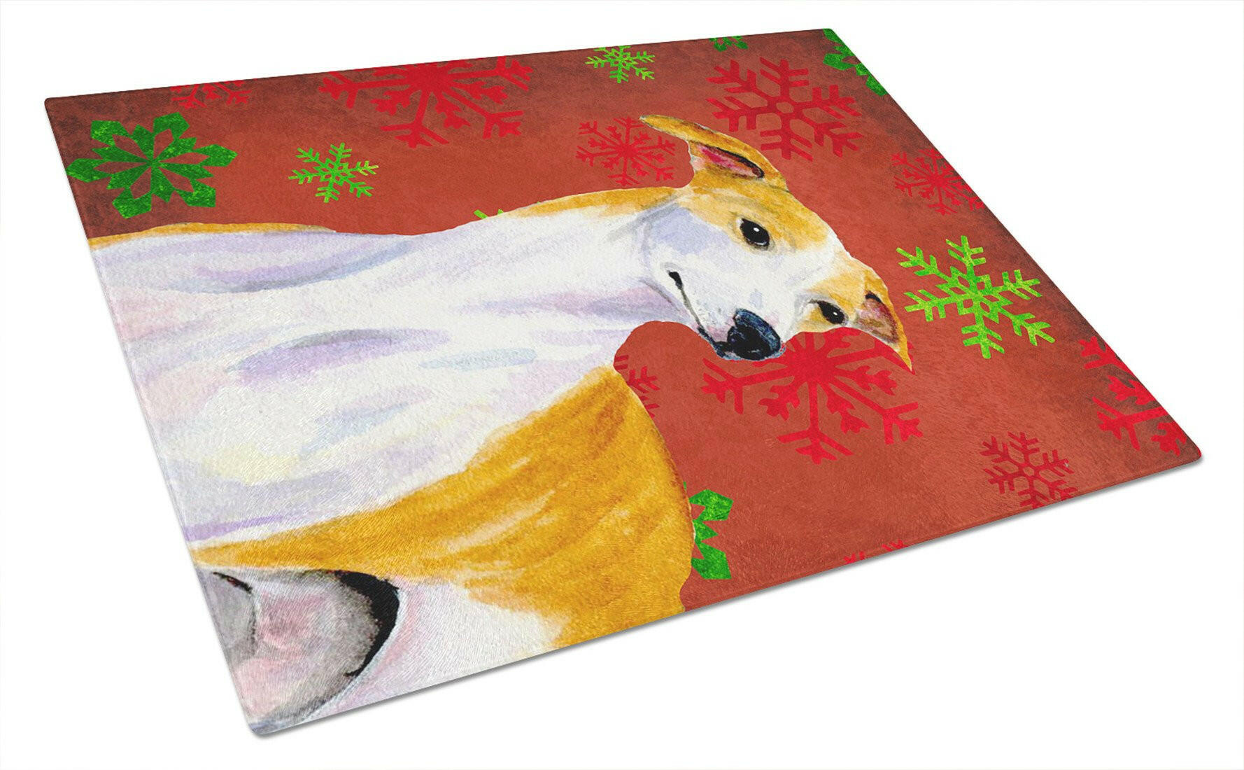 Whippet Red and Green Snowflakes Holiday Christmas Cutting Board Tempered Glass Kitchen Cutting Surface, Heat Resistant Chopping, Non-Slip Feet, Food Prep & Serving
