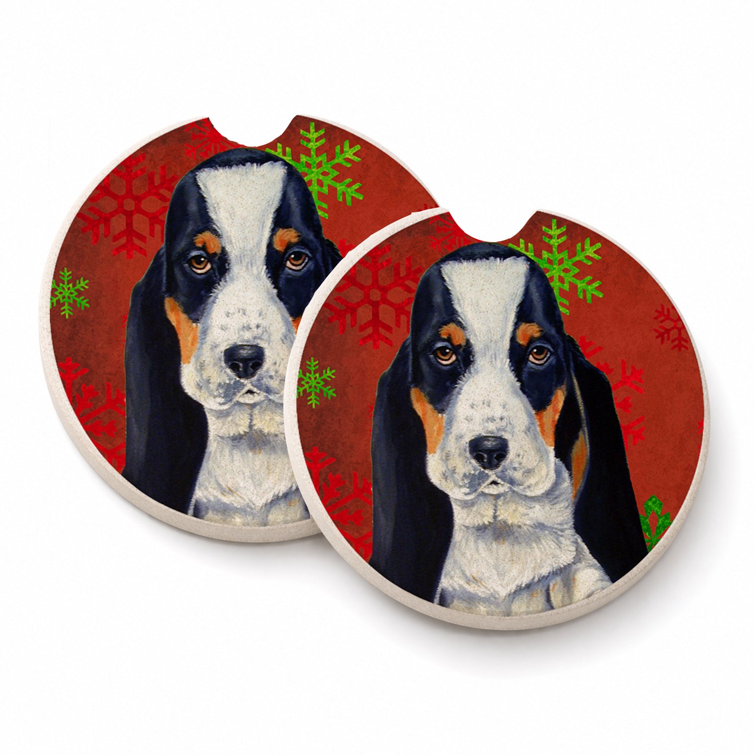 Basset Hound Red and Green Snowflakes Holiday Christmas Set of 2 Cup Holder Car Coasters Absorbent Round Sandstone Coasters Gifts for Men or Women, 2.5, Multicolor