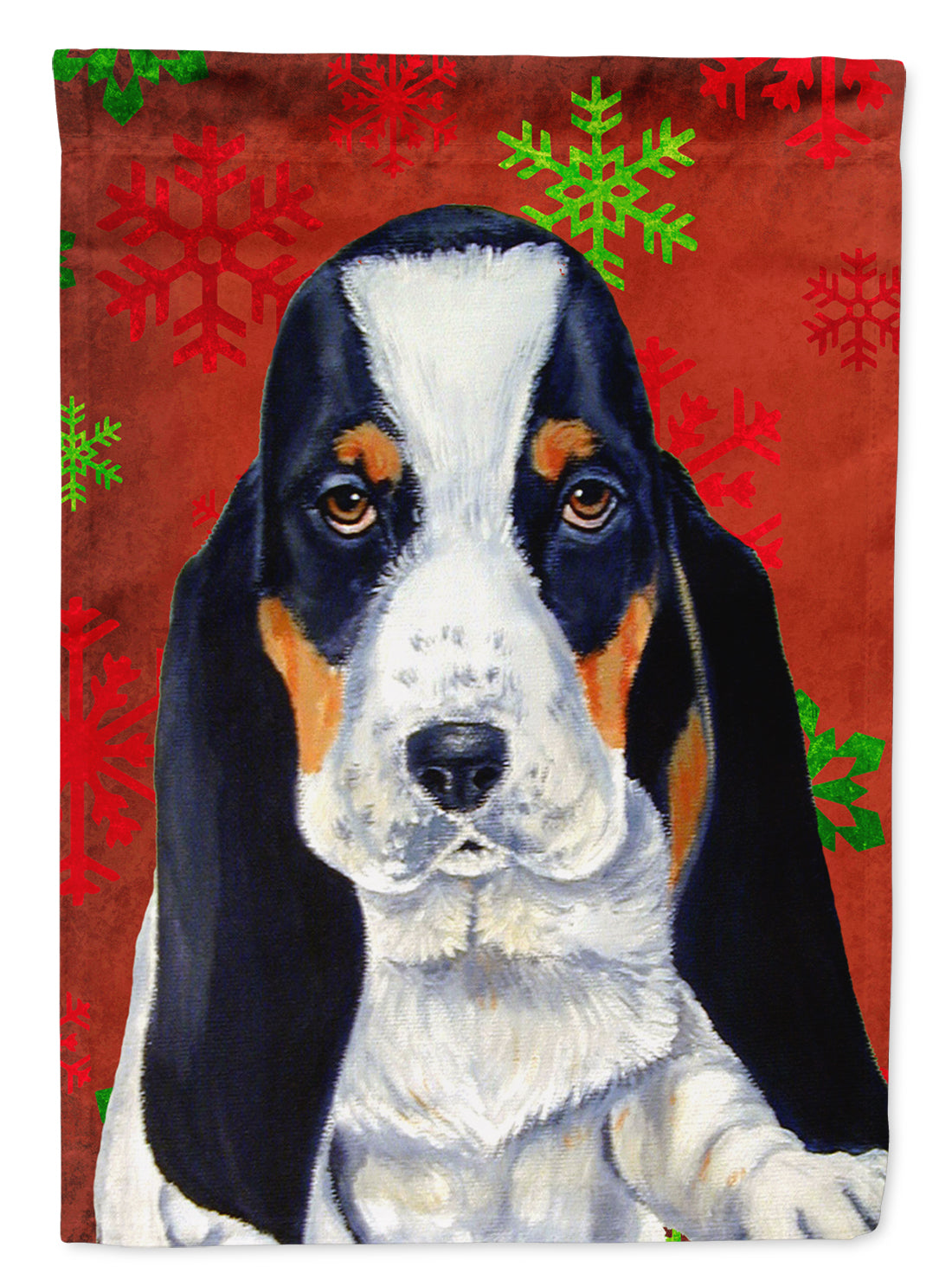 Basset Hound Red and Green Snowflakes Holiday Christmas House Flag 28x40 Porch Sleeve Pole Decorative Outside Yard Banner Artwork Wall Hanging, Polyester
