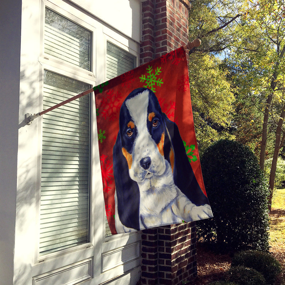 Basset Hound Red and Green Snowflakes Holiday Christmas House Flag 28x40 Porch Sleeve Pole Decorative Outside Yard Banner Artwork Wall Hanging, Polyester