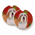 Bearded Collie Red and Green Snowflakes Holiday Christmas Set of 2 Cup Holder Car Coasters Absorbent Round Sandstone Coasters Gifts for Men or Women, 2.5, Multicolor
