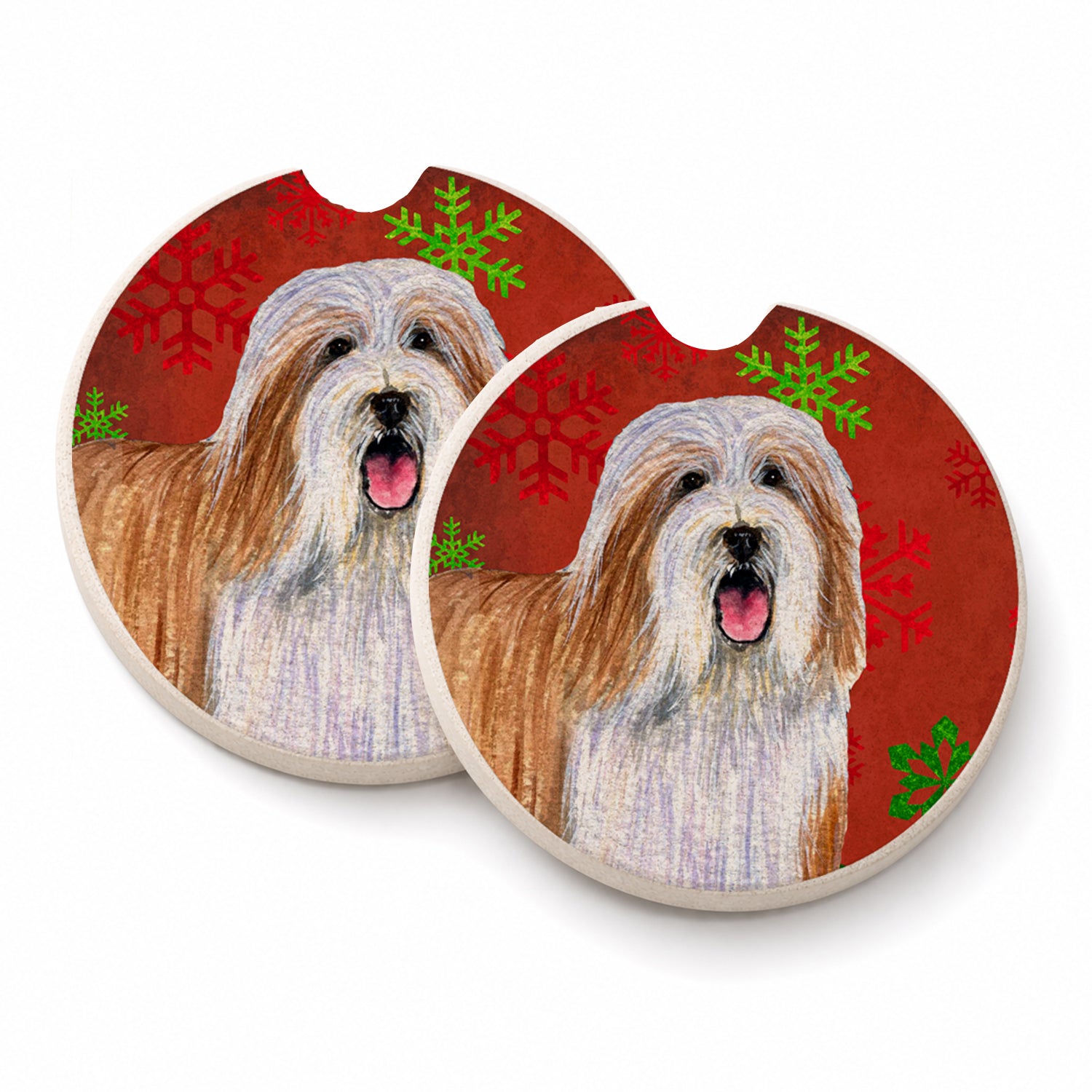 Bearded Collie Red and Green Snowflakes Holiday Christmas Set of 2 Cup Holder Car Coasters Absorbent Round Sandstone Coasters Gifts for Men or Women, 2.5, Multicolor