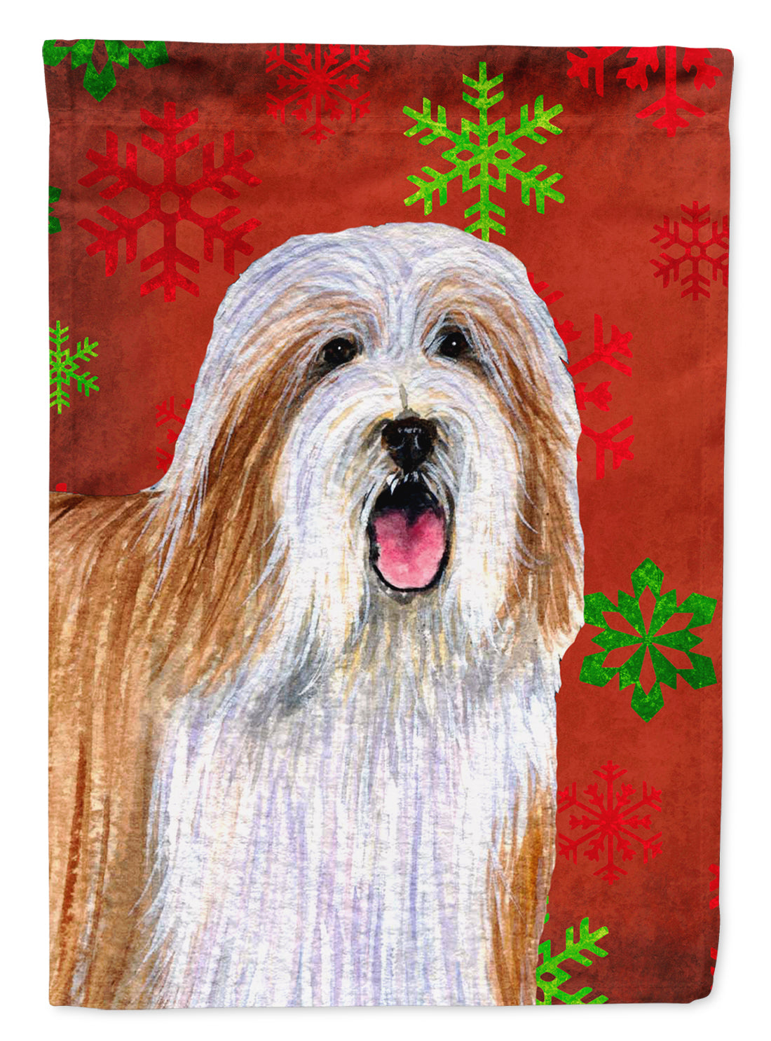 Bearded Collie Red and Green Snowflakes Holiday Christmas House Flag 28x40 Porch Sleeve Pole Decorative Outside Yard Banner Artwork Wall Hanging, Polyester