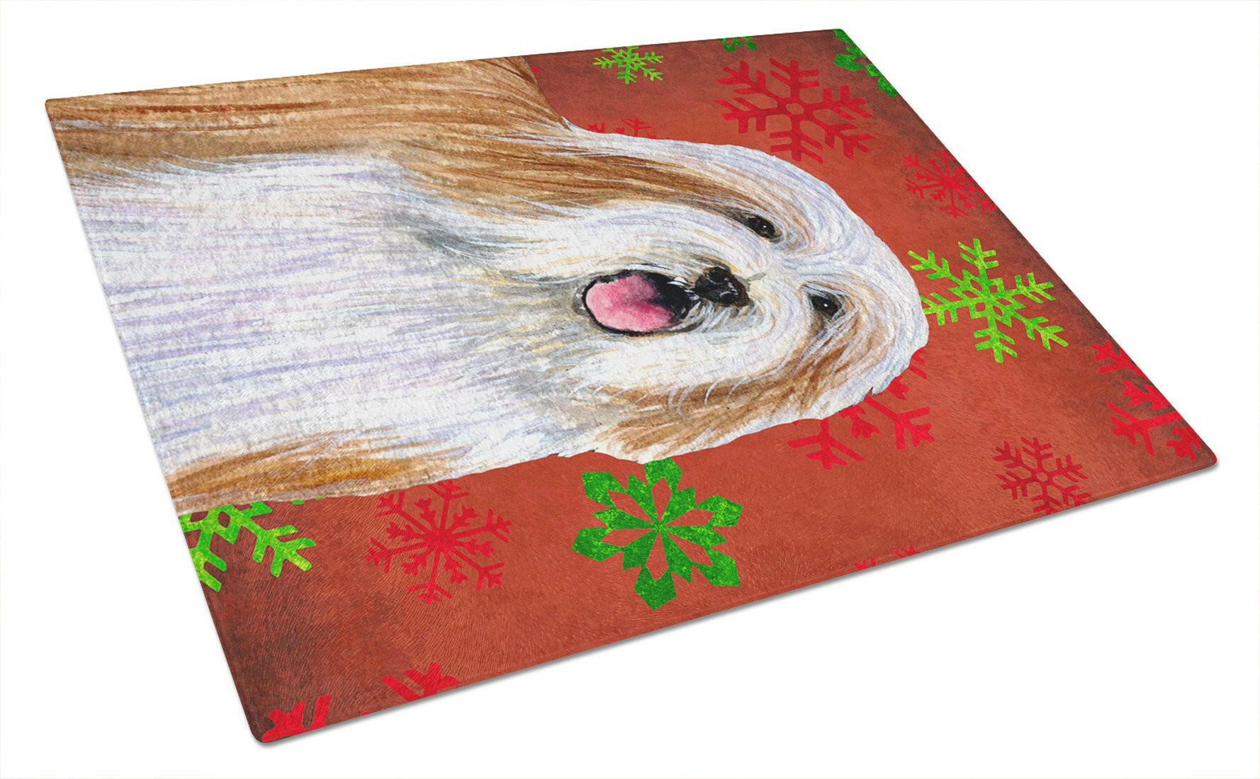 Bearded Collie Red and Green Snowflakes Holiday Christmas Cutting Board Tempered Glass Kitchen Cutting Surface, Heat Resistant Chopping, Non-Slip Feet, Food Prep & Serving