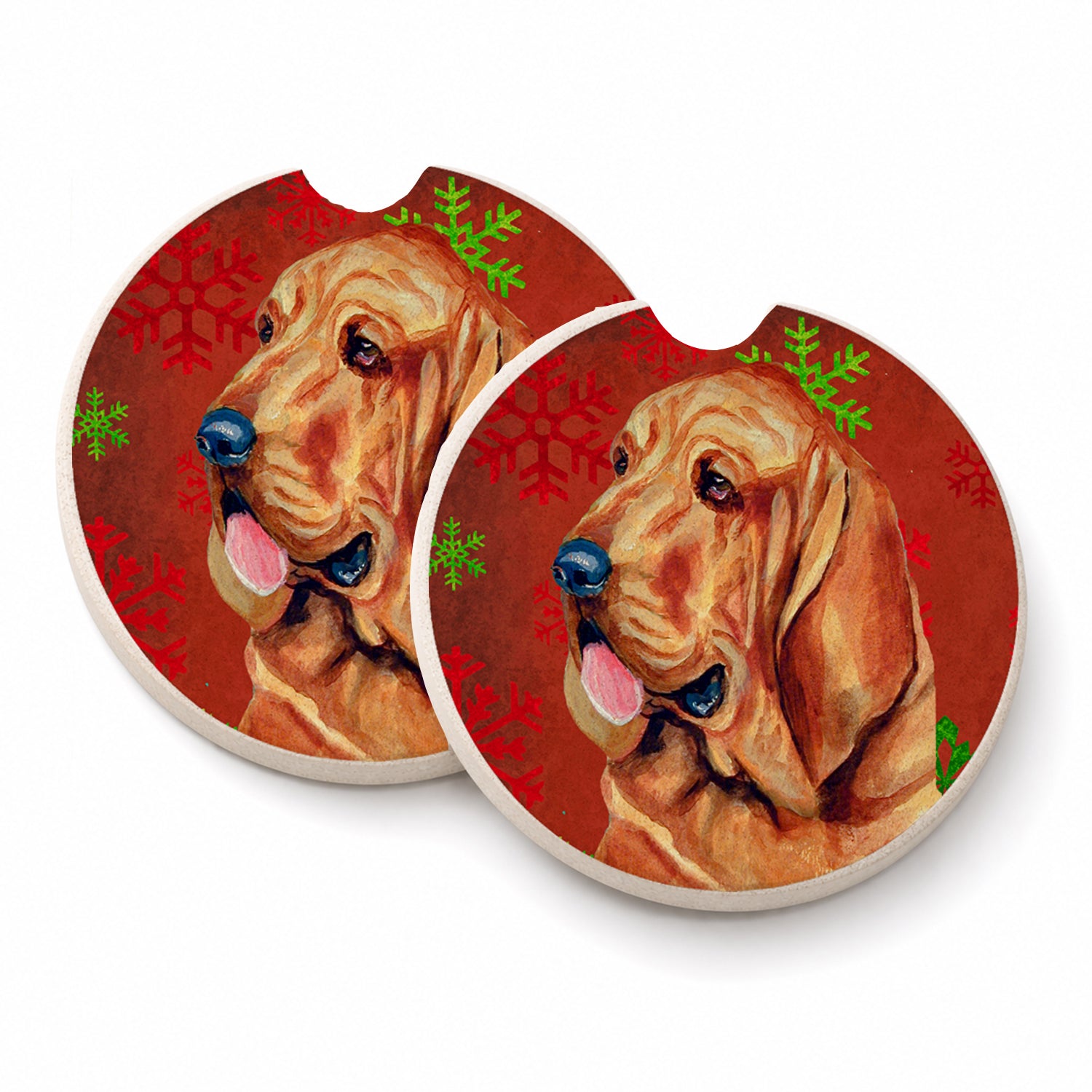 Bloodhound Red and Green Snowflakes Holiday Christmas Set of 2 Cup Holder Car Coasters Absorbent Round Sandstone Coasters Gifts for Men or Women, 2.5, Multicolor