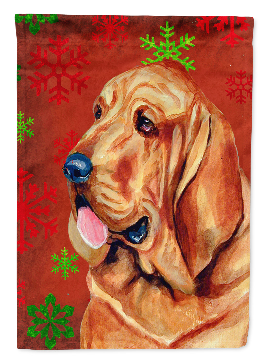 Bloodhound Red and Green Snowflakes Holiday Christmas House Flag 28x40 Porch Sleeve Pole Decorative Outside Yard Banner Artwork Wall Hanging, Polyester